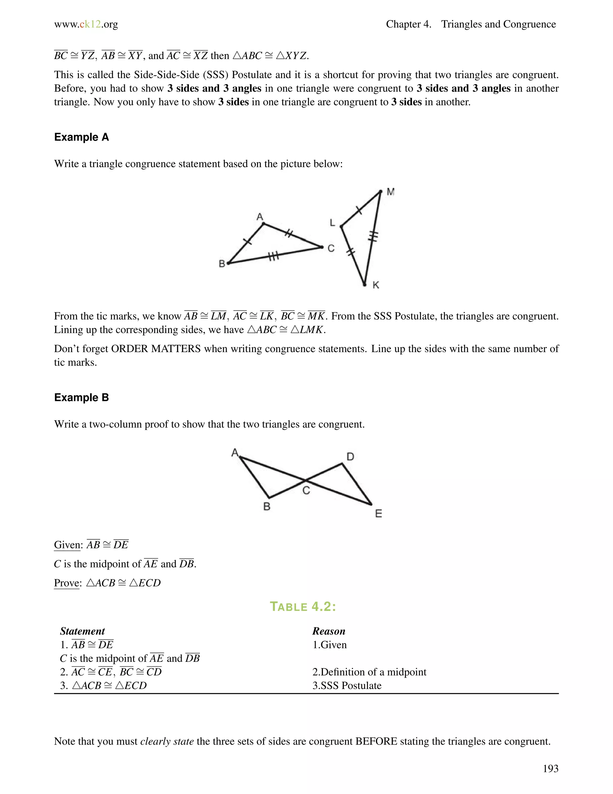 www.ck12.org Chapter 4. Triangles and Congruence 
BC = 
YZ; AB= 
XY, and AC = 
XZ then 4ABC = 
4XYZ. 
This is called the Side-Side-Side (SSS) Postulate and it is a shortcut for proving that two triangles are congruent. 
Before, you had to show 3 sides and 3 angles in one triangle were congruent to 3 sides and 3 angles in another 
triangle. Now you only have to show 3 sides in one triangle are congruent to 3 sides in another. 
Example A 
Write a triangle congruence statement based on the picture below: 
From the tic marks, we know AB= 
LM; AC = 
LK; BC = 
MK. From the SSS Postulate, the triangles are congruent. 
Lining up the corresponding sides, we have 4ABC = 
4LMK. 
Don’t forget ORDER MATTERS when writing congruence statements. Line up the sides with the same number of 
tic marks. 
Example B 
Write a two-column proof to show that the two triangles are congruent. 
Given: AB= 
DE 
= 
C is the midpoint of AE and DB. 
Prove: 4ACB4ECD 
TABLE 4.2: 
= 
Statement Reason 
1. ABDE 
C is the midpoint of AE and DB 
1.Given 
2. AC = 
CE; BC = 
CD 2.Definition of a midpoint 
3. 4ACB=4ECD 3.SSS Postulate 
Note that you must clearly state the three sets of sides are congruent BEFORE stating the triangles are congruent. 
193 
 