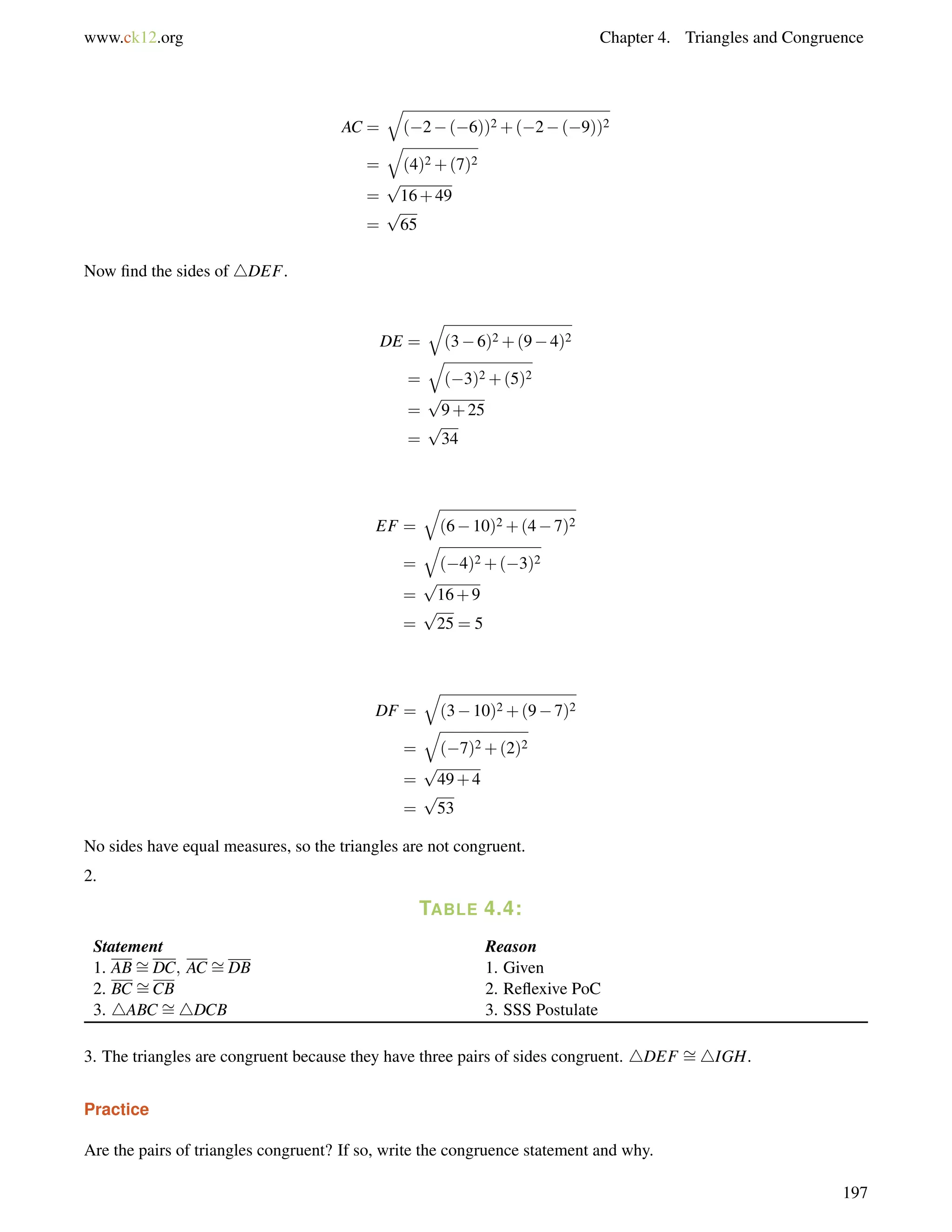 www.ck12.org Chapter 4. Triangles and Congruence 
AC = 
q 
(2(6))2+(2(9))2 
= 
q 
(4)2+(7)2 
= 
p 
16+49 
= 
p 
65 
Now find the sides of 4DEF. 
DE = 
q 
(36)2+(94)2 
= 
q 
(3)2+(5)2 
= 
p 
9+25 
= 
p 
34 
EF = 
q 
(610)2+(47)2 
= 
q 
(4)2+(3)2 
= 
p 
16+9 
= 
p 
25 = 5 
DF = 
q 
(310)2+(97)2 
= 
q 
(7)2+(2)2 
= 
p 
49+4 
= 
p 
53 
No sides have equal measures, so the triangles are not congruent. 
2. 
TABLE 4.4: 
Statement Reason 
1. ABDC; AC = 
= 
DB 1. Given 
2. BC = 
CB 2. Reflexive PoC 
3. 4ABC = 
4DCB 3. SSS Postulate 
3. The triangles are congruent because they have three pairs of sides congruent. 4DEF = 
4IGH. 
Practice 
Are the pairs of triangles congruent? If so, write the congruence statement and why. 
197 
 