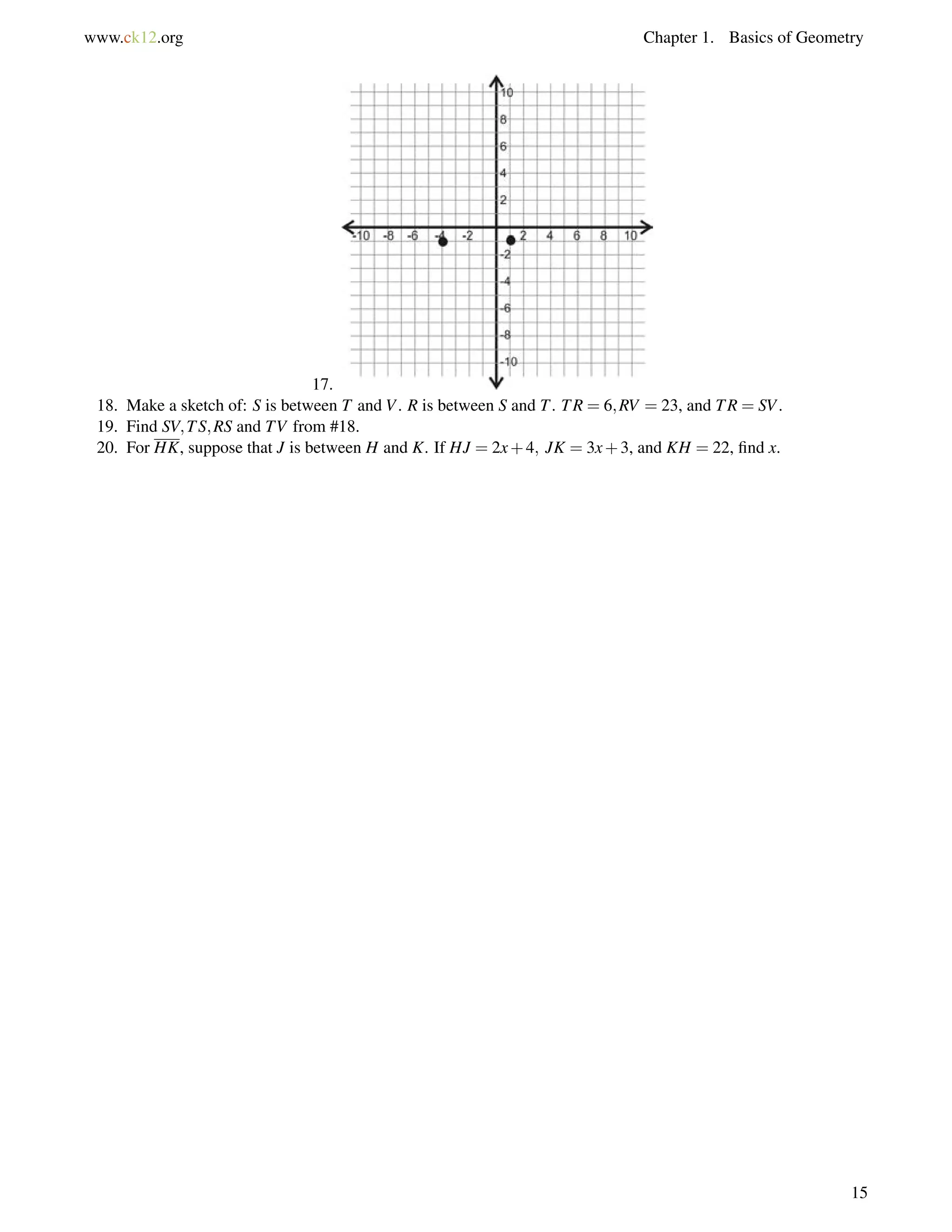 www.ck12.org Chapter 1. Basics of Geometry 
17. 
18. Make a sketch of: S is between T and V. R is between S and T. TR = 6;RV = 23, and TR = SV. 
19. Find SV;TS;RS and TV from #18. 
20. For HK, suppose that J is between H and K. If HJ = 2x+4; JK = 3x+3, and KH = 22, find x. 
15 
 
