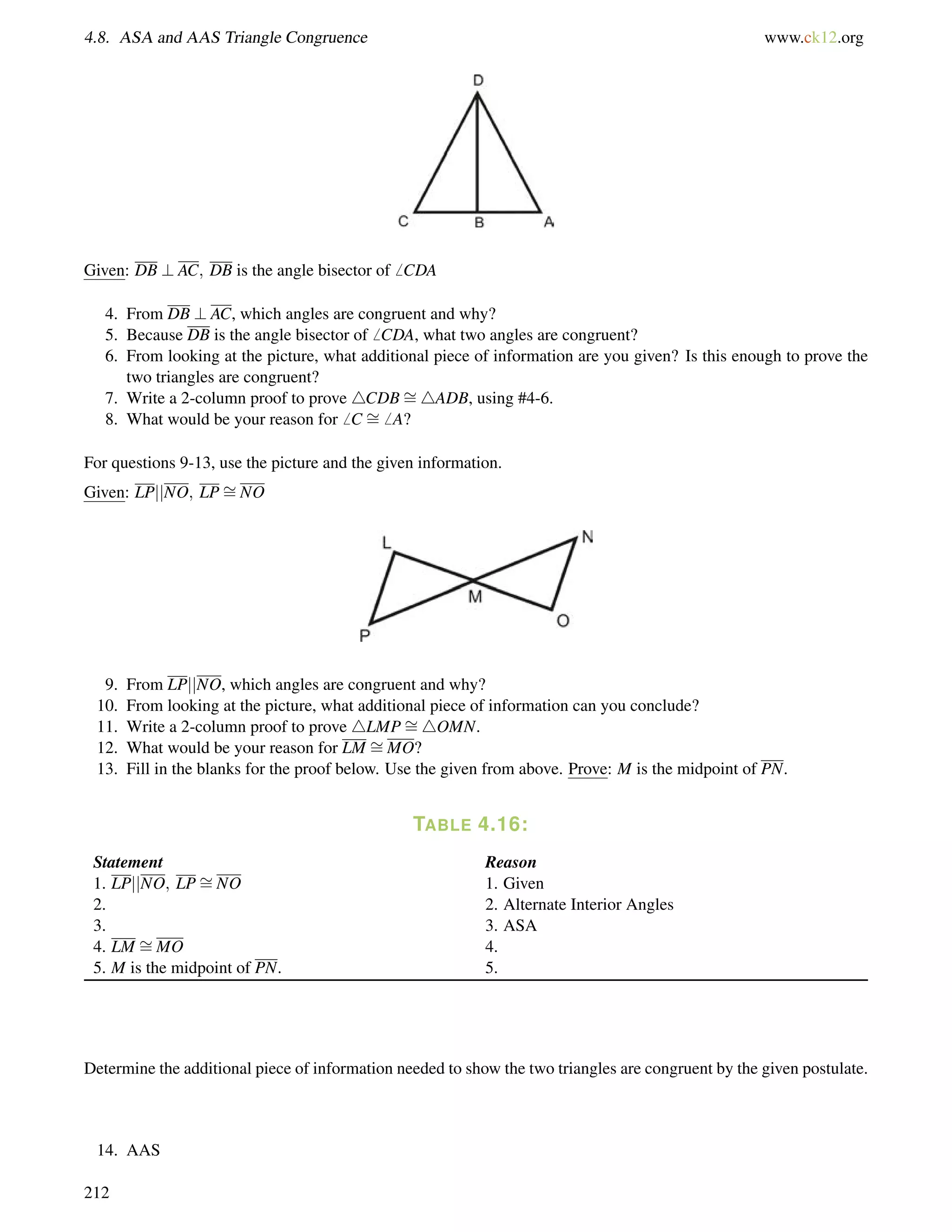 4.8. ASA and AAS Triangle Congruence www.ck12.org 
Given: DB ? AC; DB is the angle bisector of6 CDA 
4. From DB ? AC, which angles are congruent and why? 
5. Because DB is the angle bisector of6 CDA, what two angles are congruent? 
6. From looking at the picture, what additional piece of information are you given? Is this enough to prove the 
two triangles are congruent? 
7. Write a 2-column proof to prove 4CDB= 
4ADB, using #4-6. 
8. What would be your reason for6 C = 
6 A? 
= 
For questions 9-13, use the picture and the given information. 
Given: LPjjNO; LPNO 
= 
9. From LPjjNO, which angles are congruent and why? 
10. From looking at the picture, what additional piece of information can you conclude? 
11. Write a 2-column proof to prove 4LMP4OMN. 
12. What would be your reason for LM = 
MO? 
13. Fill in the blanks for the proof below. Use the given from above. Prove: M is the midpoint of PN. 
TABLE 4.16: 
Statement Reason 
1. LPjjNO; LP= 
NO 1. Given 
= 
2. 2. Alternate Interior Angles 
3. 3. ASA 
4. LM MO 4. 
5. M is the midpoint of PN. 5. 
Determine the additional piece of information needed to show the two triangles are congruent by the given postulate. 
14. AAS 
212 
 