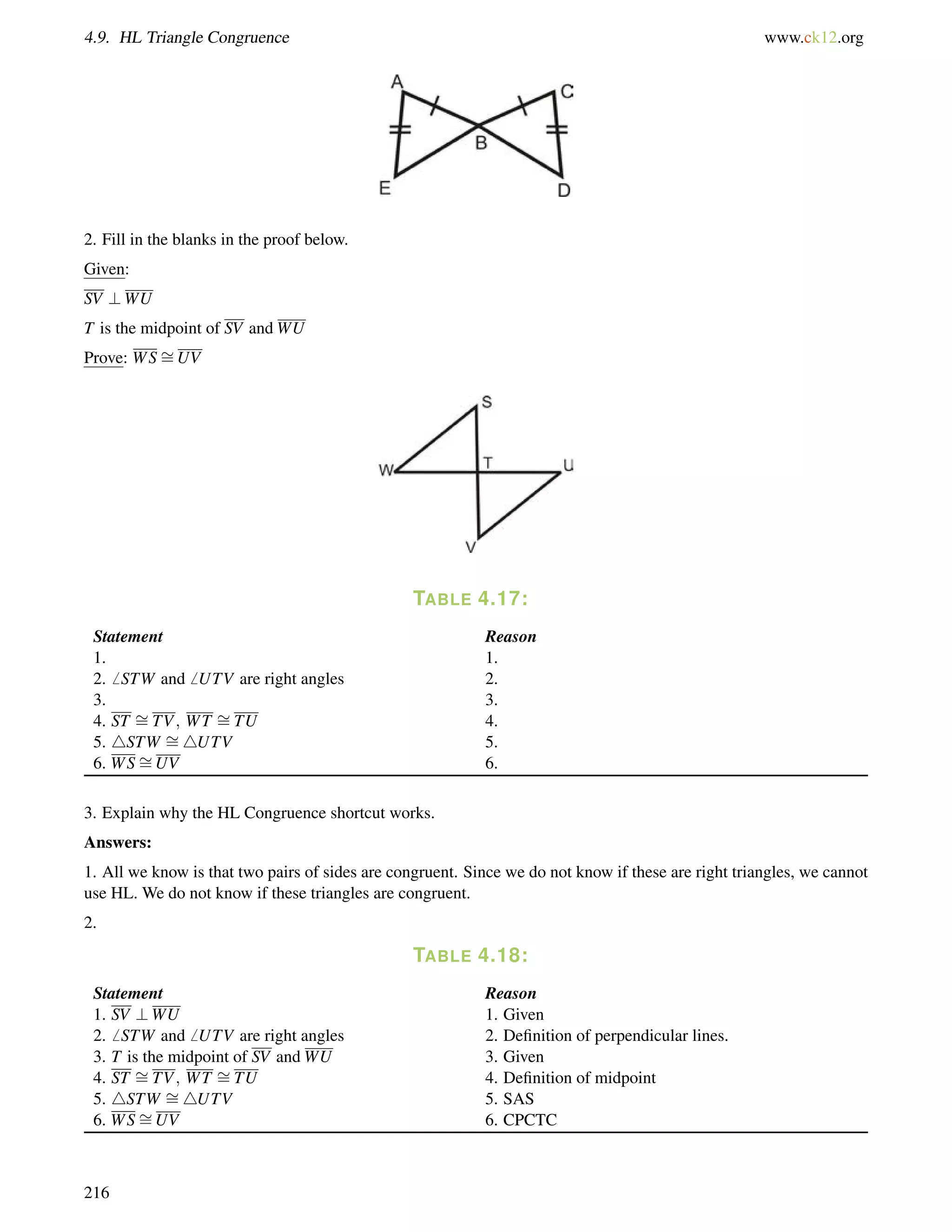 4.9. HL Triangle Congruence www.ck12.org 
= 
2. Fill in the blanks in the proof below. 
Given: 
SV ?WU 
T is the midpoint of SV andWU 
Prove: WSUV 
TABLE 4.17: 
= 
= 
Statement Reason 
1. 1. 
2.6 STW and6 UTV are right angles 2. 
3. 3. 
4. ST TV; WT TU 4. 
5. 4STW = 
4UTV 5. 
6. WS= 
UV 6. 
3. Explain why the HL Congruence shortcut works. 
Answers: 
1. All we know is that two pairs of sides are congruent. Since we do not know if these are right triangles, we cannot 
use HL. We do not know if these triangles are congruent. 
2. 
TABLE 4.18: 
= 
Statement Reason 
= 
1. SV ?WU 1. Given 
2.6 STW and6 UTV are right angles 2. Definition of perpendicular lines. 
3. T is the midpoint of SV andWU 3. Given 
4. ST TV; WT TU 4. Definition of midpoint 
5. 4STW = 
4UTV 5. SAS 
6. WS= 
UV 6. CPCTC 
216 
 