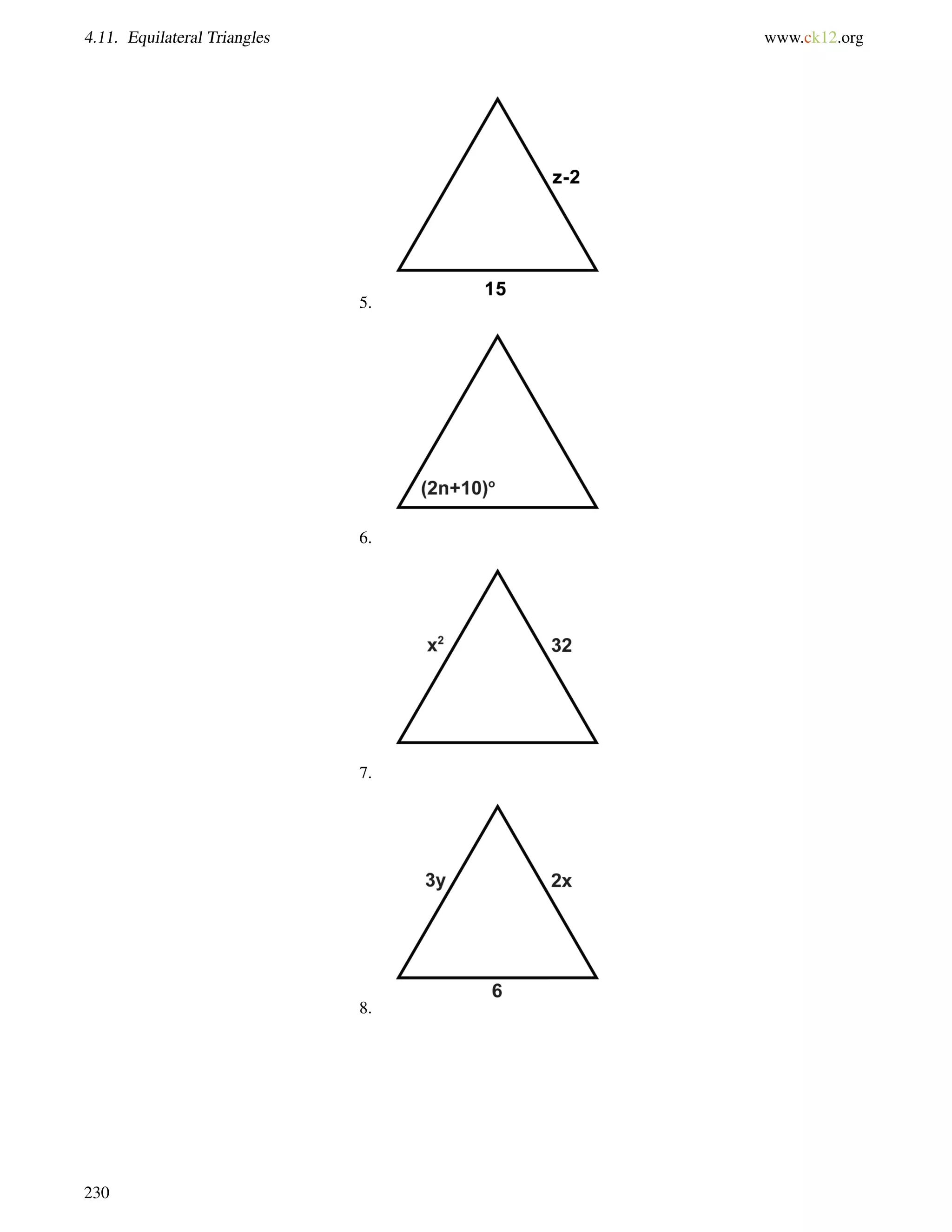 4.11. Equilateral Triangles www.ck12.org 
5. 
6. 
7. 
8. 
230 
 