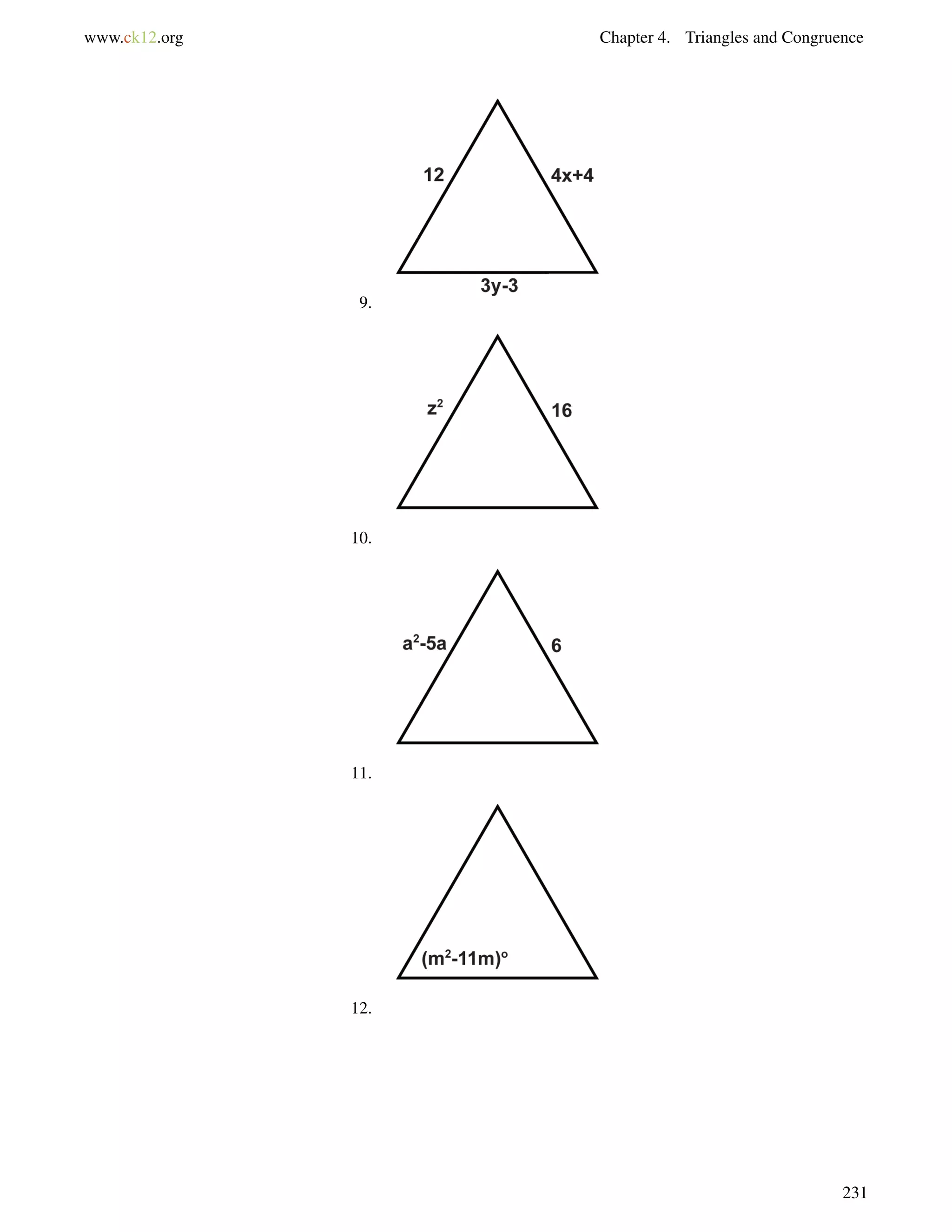 www.ck12.org Chapter 4. Triangles and Congruence 
9. 
10. 
11. 
12. 
231 
 