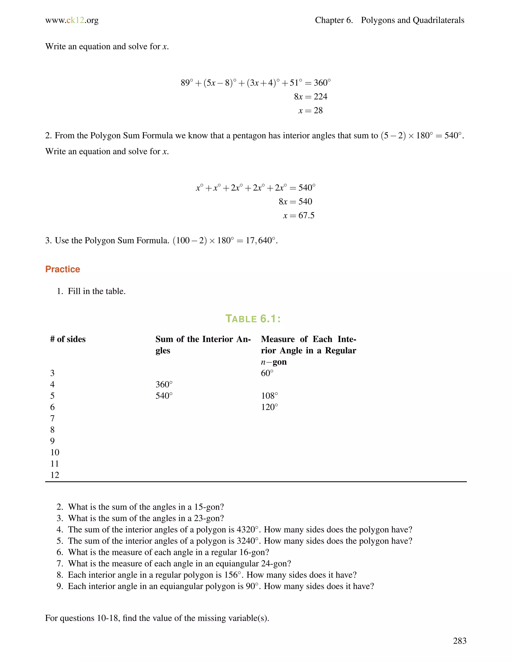 www.ck12.org Chapter 6. Polygons and Quadrilaterals 
Write an equation and solve for x. 
89+(5x8)+(3x+4)+51 = 360 
8x = 224 
x = 28 
2. From the Polygon Sum Formula we know that a pentagon has interior angles that sum to (52)180 = 540. 
Write an equation and solve for x. 
x+x+2x+2x+2x = 540 
8x = 540 
x = 67:5 
3. Use the Polygon Sum Formula. (1002)180 = 17;640. 
Practice 
1. Fill in the table. 
TABLE 6.1: 
# of sides Sum of the Interior An-gles 
Measure of Each Inte-rior 
Angle in a Regular 
ngon 
3 60 
4 360 
5 540 108 
6 120 
7 
8 
9 
10 
11 
12 
2. What is the sum of the angles in a 15-gon? 
3. What is the sum of the angles in a 23-gon? 
4. The sum of the interior angles of a polygon is 4320. How many sides does the polygon have? 
5. The sum of the interior angles of a polygon is 3240. How many sides does the polygon have? 
6. What is the measure of each angle in a regular 16-gon? 
7. What is the measure of each angle in an equiangular 24-gon? 
8. Each interior angle in a regular polygon is 156. How many sides does it have? 
9. Each interior angle in an equiangular polygon is 90. How many sides does it have? 
For questions 10-18, find the value of the missing variable(s). 
283 
 