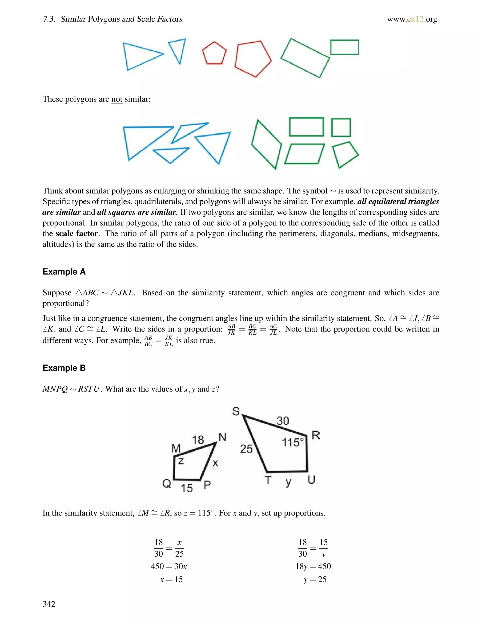 7.3. Similar Polygons and Scale Factors www.ck12.org 
These polygons are not similar: 
Think about similar polygons as enlarging or shrinking the same shape. The symbol  is used to represent similarity. 
Specific types of triangles, quadrilaterals, and polygons will always be similar. For example, all equilateral triangles 
are similar and all squares are similar. If two polygons are similar, we know the lengths of corresponding sides are 
proportional. In similar polygons, the ratio of one side of a polygon to the corresponding side of the other is called 
the scale factor. The ratio of all parts of a polygon (including the perimeters, diagonals, medians, midsegments, 
altitudes) is the same as the ratio of the sides. 
Example A 
Suppose 4ABC  4JKL. Based on the similarity statement, which angles are congruent and which sides are 
proportional? 
Just like in a congruence statement, the congruent angles line up within the similarity statement. So,6 A= 
6 J;6 B= 
6 K; and6 C = 
6 L. Write the sides in a proportion: AB 
JK = BC 
KL = AC 
JL . Note that the proportion could be written in 
BC = JK 
KL is also true. 
different ways. For example, AB 
Example B 
MNPQ  RSTU. What are the values of x;y and z? 
In the similarity statement,6 M = 
6 R, so z = 115. For x and y, set up proportions. 
18 
30 
= 
x 
25 
18 
30 
= 
15 
y 
450 = 30x 18y = 450 
x = 15 y = 25 
342 
 