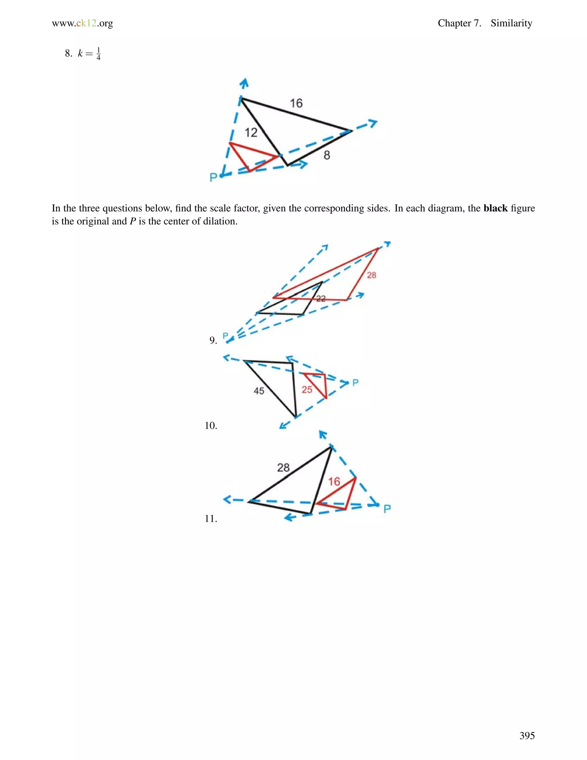 www.ck12.org Chapter 7. Similarity 
8. k = 1 
4 
In the three questions below, find the scale factor, given the corresponding sides. In each diagram, the black figure 
is the original and P is the center of dilation. 
9. 
10. 
11. 
395 
 