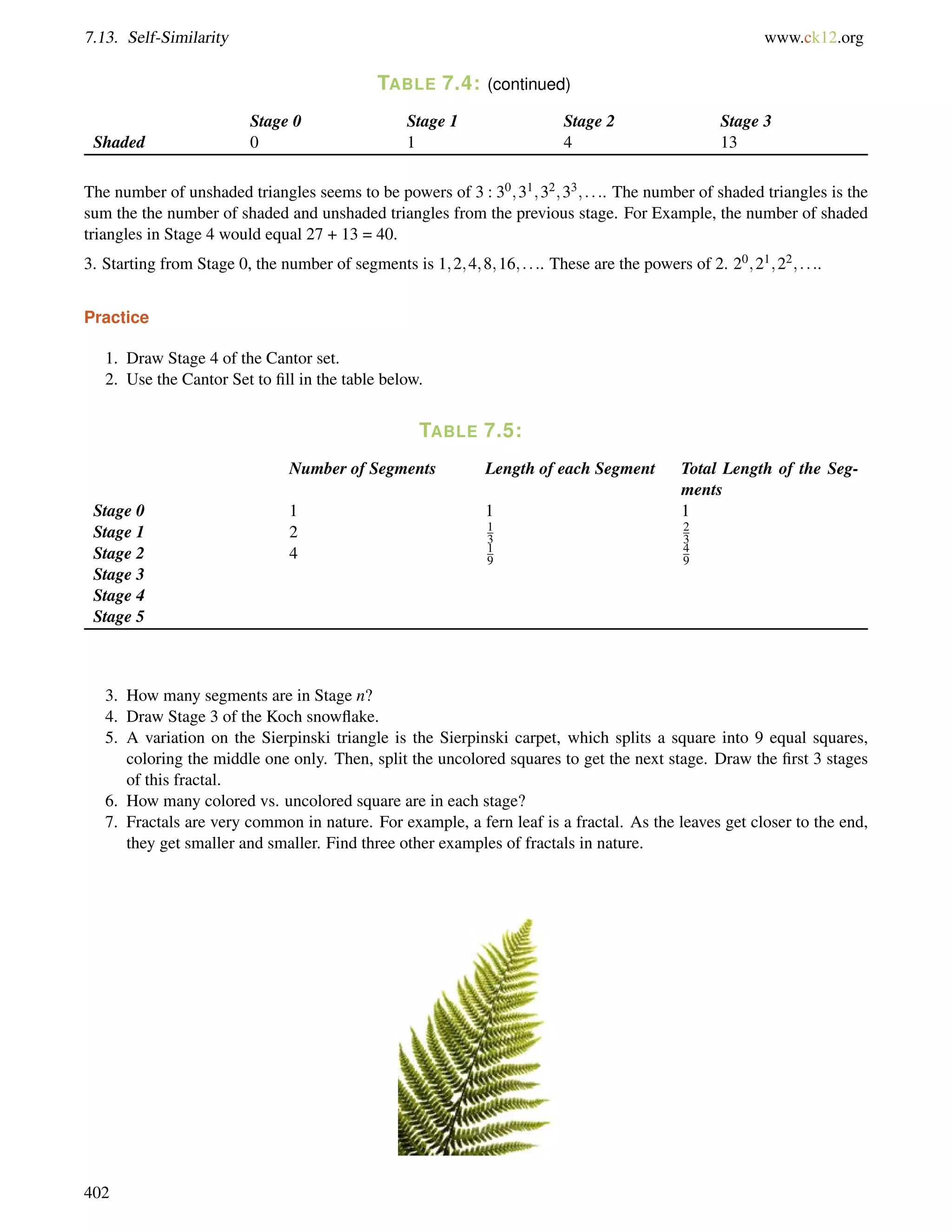 7.13. Self-Similarity www.ck12.org 
TABLE 7.4: (continued) 
Stage 0 Stage 1 Stage 2 Stage 3 
Shaded 0 1 4 13 
The number of unshaded triangles seems to be powers of 3 : 30;31;32;33; : : :. The number of shaded triangles is the 
sum the the number of shaded and unshaded triangles from the previous stage. For Example, the number of shaded 
triangles in Stage 4 would equal 27 + 13 = 40. 
3. Starting from Stage 0, the number of segments is 1;2;4;8;16; : : :. These are the powers of 2. 20;21;22; : : :. 
Practice 
1. Draw Stage 4 of the Cantor set. 
2. Use the Cantor Set to fill in the table below. 
TABLE 7.5: 
Number of Segments Length of each Segment Total Length of the Seg-ments 
Stage 0 1 1 1 
Stage 1 2 13 
23 Stage 49 
19 
2 4 Stage 3 
Stage 4 
Stage 5 
3. How many segments are in Stage n? 
4. Draw Stage 3 of the Koch snowflake. 
5. A variation on the Sierpinski triangle is the Sierpinski carpet, which splits a square into 9 equal squares, 
coloring the middle one only. Then, split the uncolored squares to get the next stage. Draw the first 3 stages 
of this fractal. 
6. How many colored vs. uncolored square are in each stage? 
7. Fractals are very common in nature. For example, a fern leaf is a fractal. As the leaves get closer to the end, 
they get smaller and smaller. Find three other examples of fractals in nature. 
402 
 