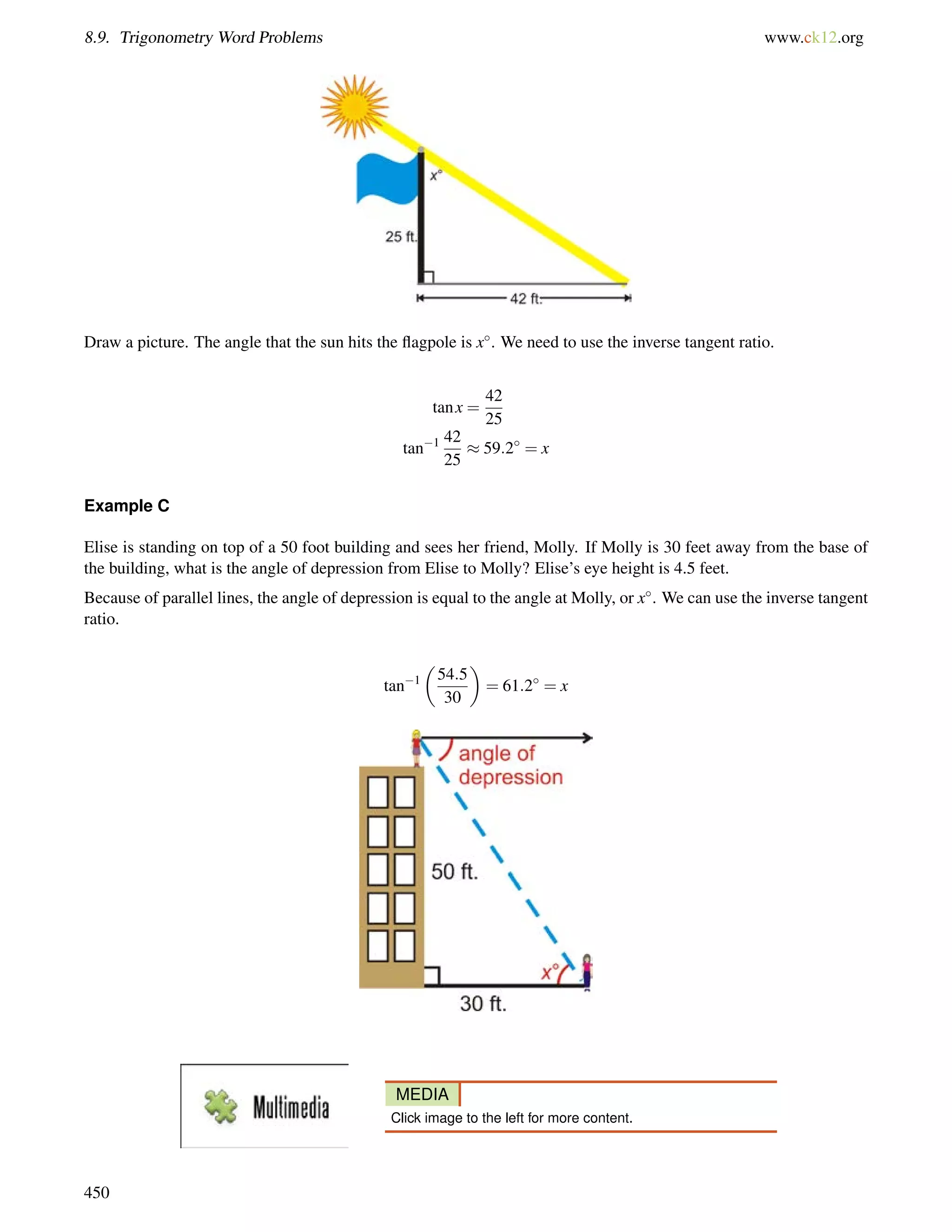 8.9. Trigonometry Word Problems www.ck12.org 
Draw a picture. The angle that the sun hits the flagpole is x. We need to use the inverse tangent ratio. 
tan x = 
42 
25 
tan1 42 
25 
 59:2 = x 
Example C 
Elise is standing on top of a 50 foot building and sees her friend, Molly. If Molly is 30 feet away from the base of 
the building, what is the angle of depression from Elise to Molly? Elise’s eye height is 4.5 feet. 
Because of parallel lines, the angle of depression is equal to the angle at Molly, or x. We can use the inverse tangent 
ratio. 
tan1 
 
54:5 
30 
 
= 61:2 = x 
MEDIA 
Click image to the left for more content. 
450 
 