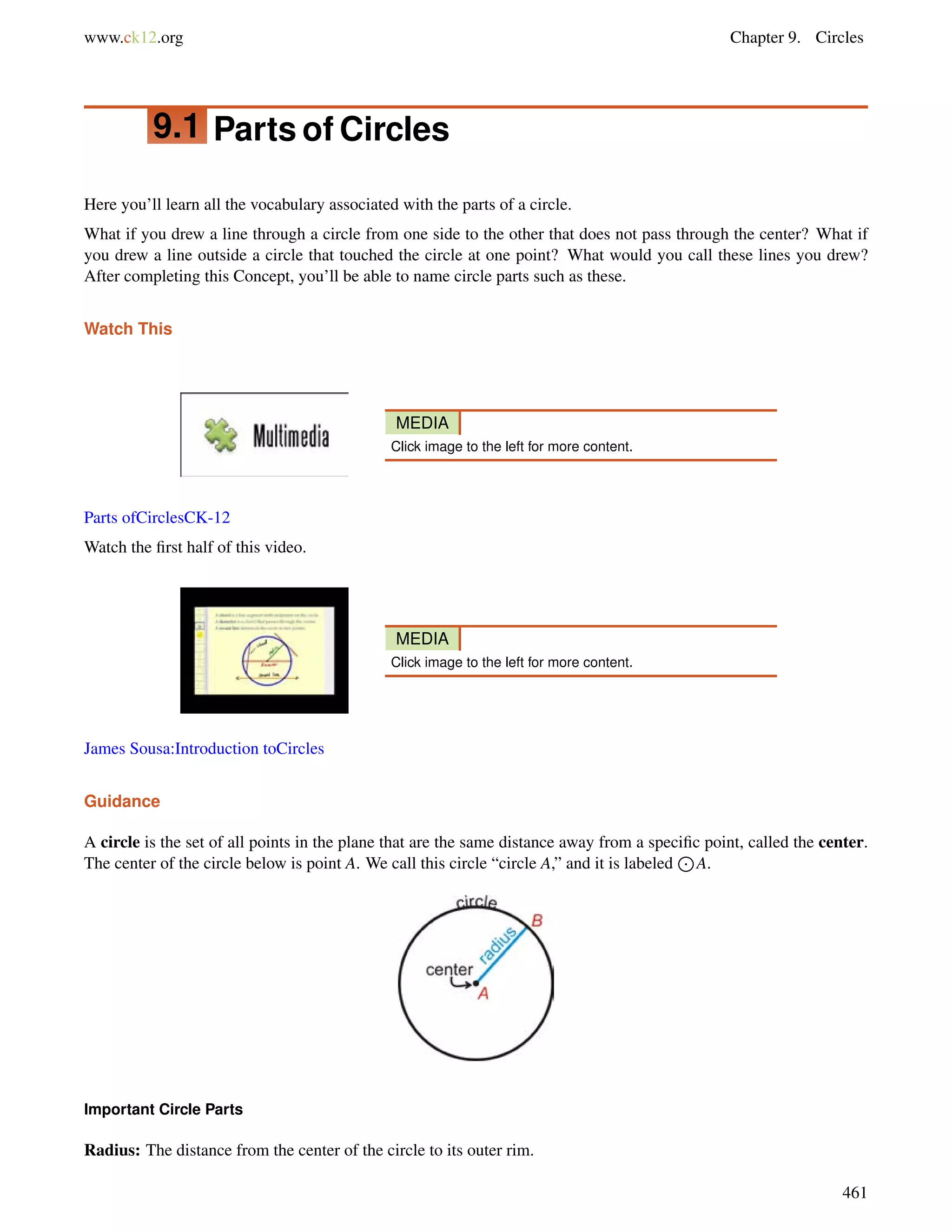 www.ck12.org Chapter 9. Circles 
9.1 Parts of Circles 
Here you’ll learn all the vocabulary associated with the parts of a circle. 
What if you drew a line through a circle from one side to the other that does not pass through the center? What if 
you drew a line outside a circle that touched the circle at one point? What would you call these lines you drew? 
After completing this Concept, you’ll be able to name circle parts such as these. 
Watch This 
MEDIA 
Click image to the left for more content. 
Parts ofCirclesCK-12 
Watch the first half of this video. 
MEDIA 
Click image to the left for more content. 
James Sousa:Introduction toCircles 
Guidance 
A circle is the set of all points in the plane that are the same distance away from a specific J 
point, called the center. 
The center of the circle below is point A. We call this circle “circle A,” and it is labeled 
A. 
Important Circle Parts 
Radius: The distance from the center of the circle to its outer rim. 
461 
 