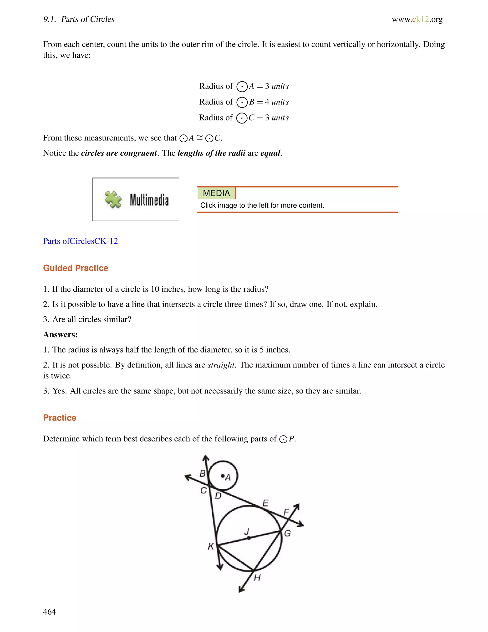 9.1. Parts of Circles www.ck12.org 
From each center, count the units to the outer rim of the circle. It is easiest to count vertically or horizontally. Doing 
this, we have: 
Radius of 
K 
A = 3 units 
Radius of 
K 
B = 4 units 
Radius of 
K 
C = 3 units 
From these measurements, we see that 
J 
A= 
J 
C. 
Notice the circles are congruent. The lengths of the radii are equal. 
MEDIA 
Click image to the left for more content. 
Parts ofCirclesCK-12 
Guided Practice 
1. If the diameter of a circle is 10 inches, how long is the radius? 
2. Is it possible to have a line that intersects a circle three times? If so, draw one. If not, explain. 
3. Are all circles similar? 
Answers: 
1. The radius is always half the length of the diameter, so it is 5 inches. 
2. It is not possible. By definition, all lines are straight. The maximum number of times a line can intersect a circle 
is twice. 
3. Yes. All circles are the same shape, but not necessarily the same size, so they are similar. 
Practice 
Determine which term best describes each of the following parts of 
J 
P. 
464 
 
