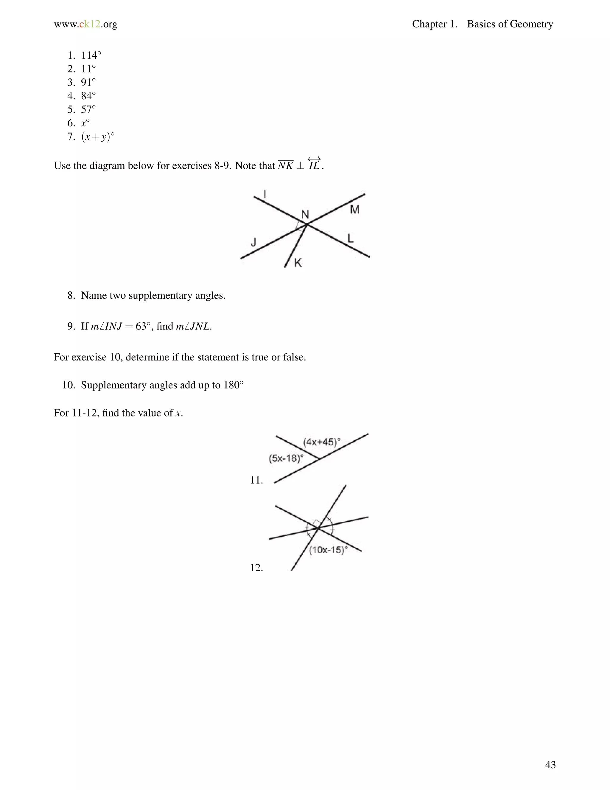 www.ck12.org Chapter 1. Basics of Geometry 
1. 114 
2. 11 
3. 91 
4. 84 
5. 57 
6. x 
7. (x+y) 
Use the diagram below for exercises 8-9. Note that NK ? 
 ! 
IL . 
8. Name two supplementary angles. 
9. If m6 INJ = 63, find m6 JNL. 
For exercise 10, determine if the statement is true or false. 
10. Supplementary angles add up to 180 
For 11-12, find the value of x. 
11. 
12. 
43 
 