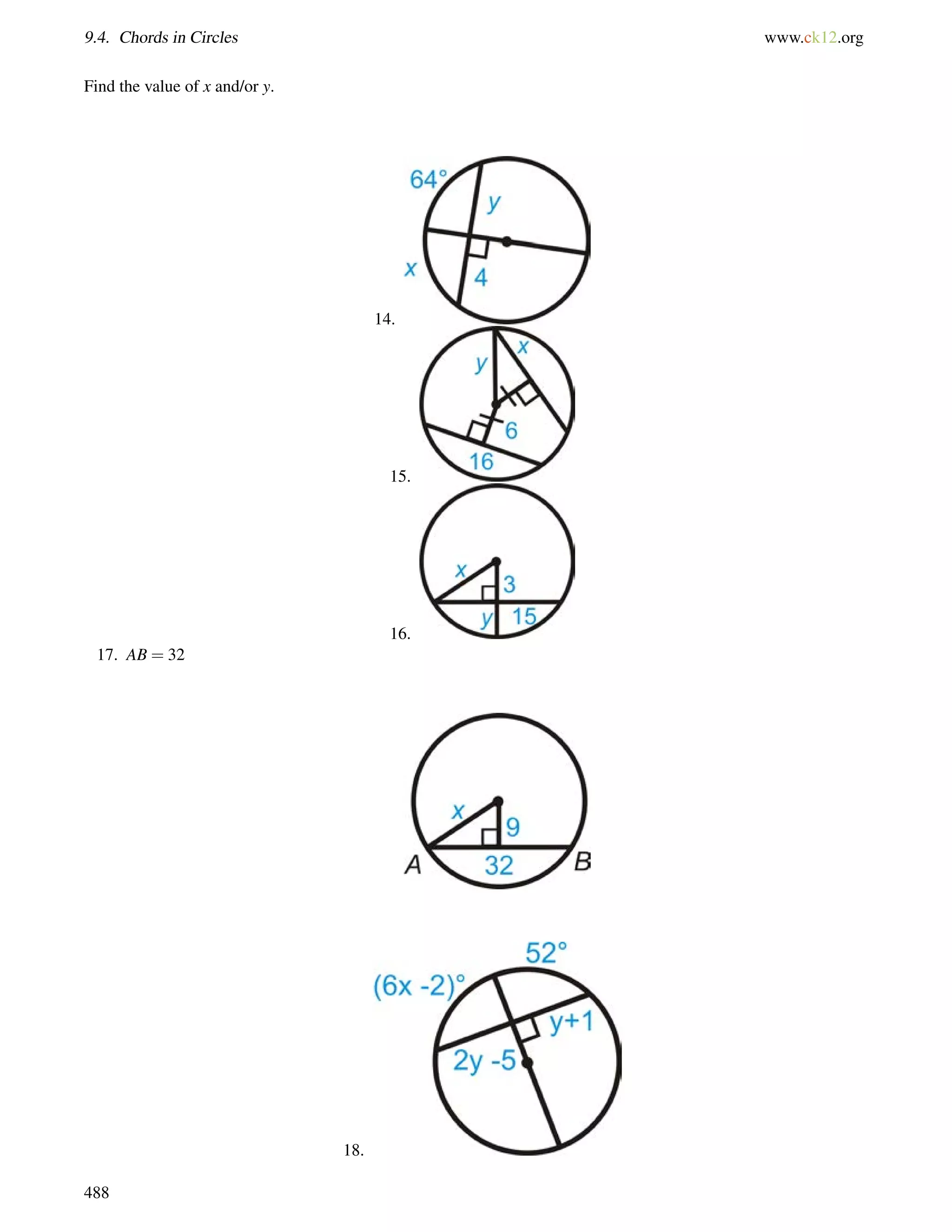 9.4. Chords in Circles www.ck12.org 
Find the value of x and/or y. 
14. 
15. 
16. 
17. AB = 32 
18. 
488 
 