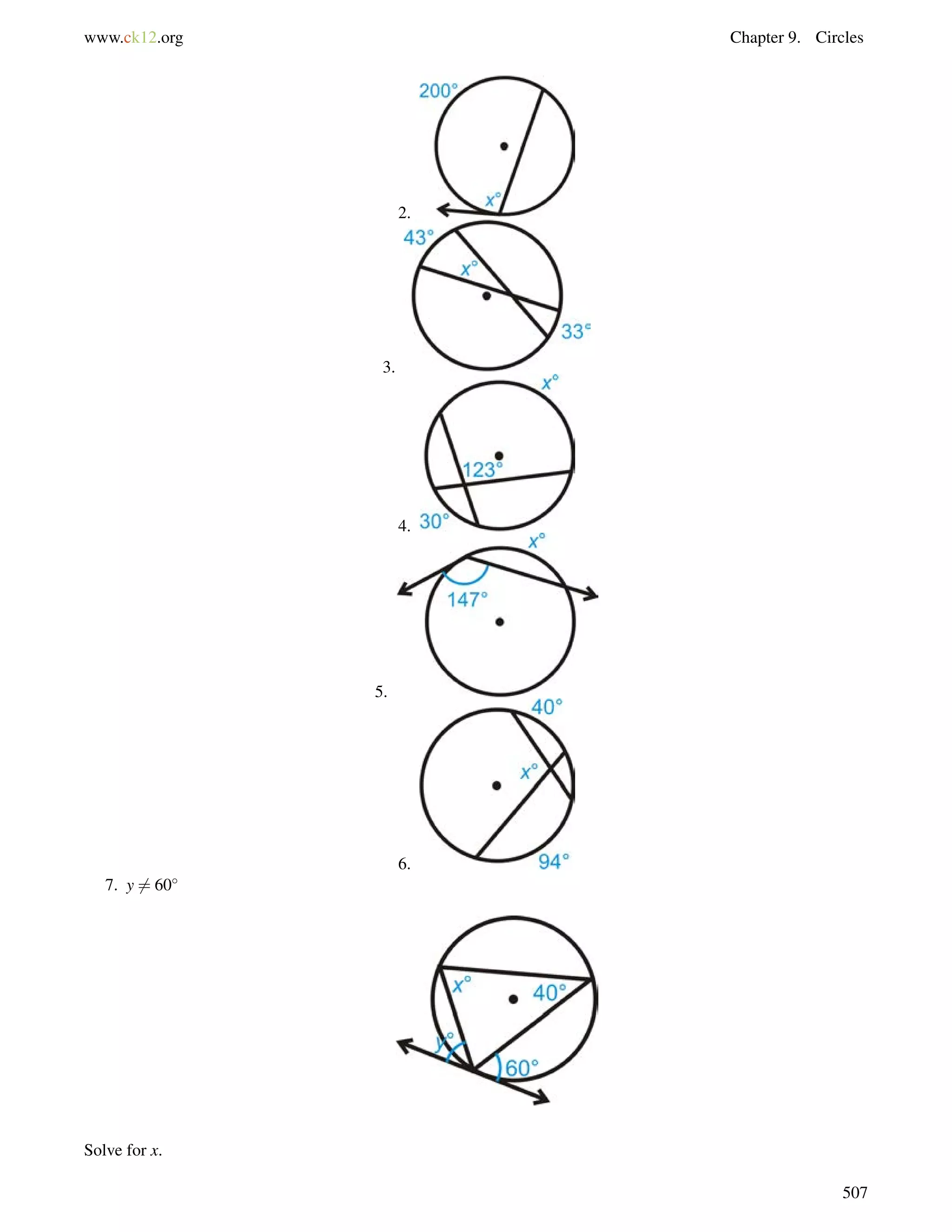 www.ck12.org Chapter 9. Circles 
2. 
3. 
4. 
5. 
6. 
7. y6= 60 
Solve for x. 
507 
 
