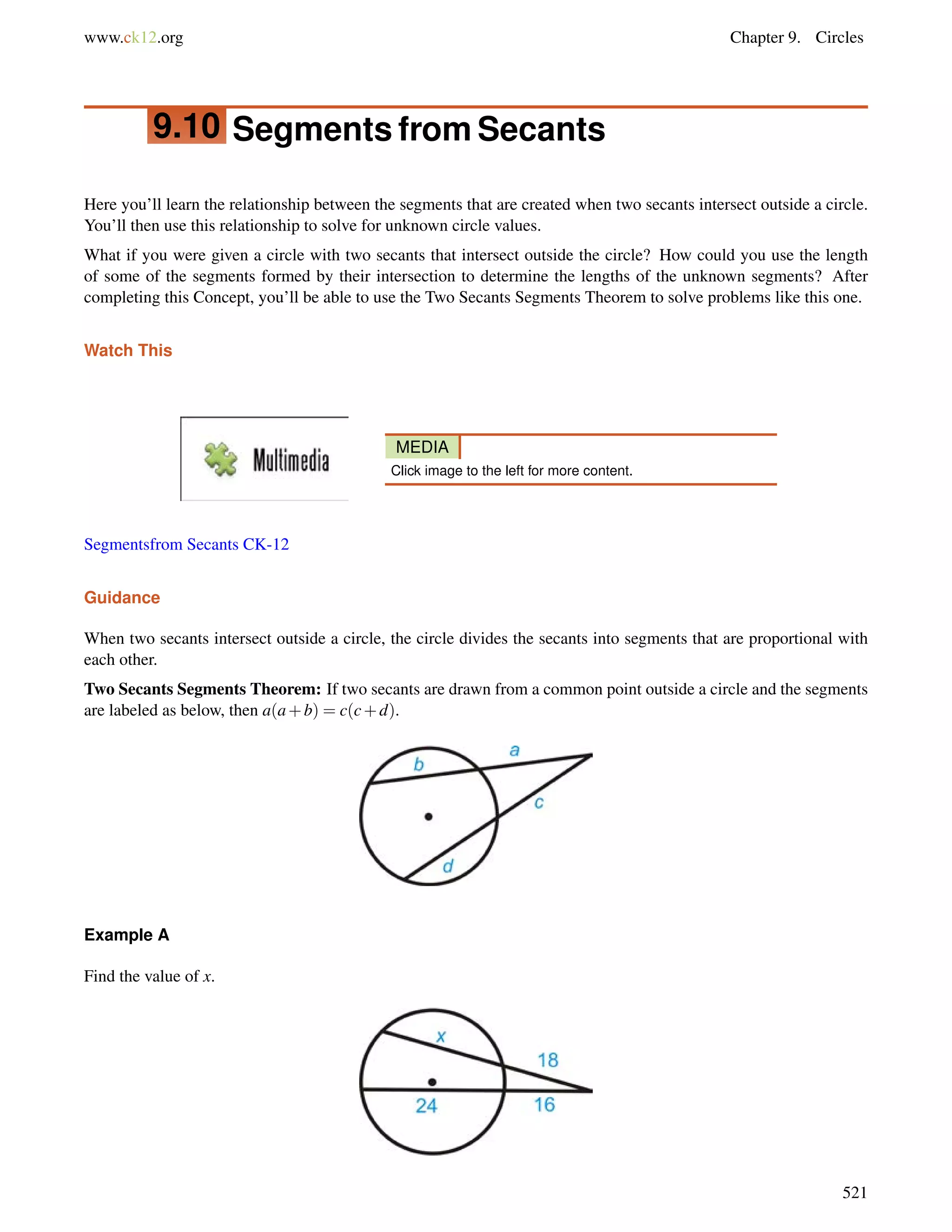 www.ck12.org Chapter 9. Circles 
9.10 Segments fromSecants 
Here you’ll learn the relationship between the segments that are created when two secants intersect outside a circle. 
You’ll then use this relationship to solve for unknown circle values. 
What if you were given a circle with two secants that intersect outside the circle? How could you use the length 
of some of the segments formed by their intersection to determine the lengths of the unknown segments? After 
completing this Concept, you’ll be able to use the Two Secants Segments Theorem to solve problems like this one. 
Watch This 
MEDIA 
Click image to the left for more content. 
Segmentsfrom Secants CK-12 
Guidance 
When two secants intersect outside a circle, the circle divides the secants into segments that are proportional with 
each other. 
Two Secants Segments Theorem: If two secants are drawn from a common point outside a circle and the segments 
are labeled as below, then a(a+b) = c(c+d). 
Example A 
Find the value of x. 
521 
 