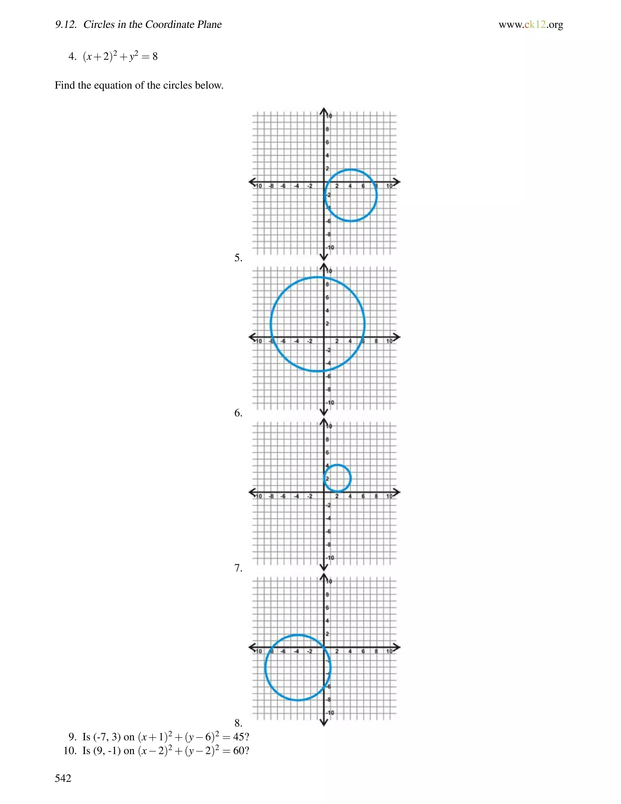 9.12. Circles in the Coordinate Plane www.ck12.org 
4. (x+2)2+y2 = 8 
Find the equation of the circles below. 
5. 
6. 
7. 
8. 
9. Is (-7, 3) on (x+1)2+(y6)2 = 45? 
10. Is (9, -1) on (x2)2+(y2)2 = 60? 
542 
 