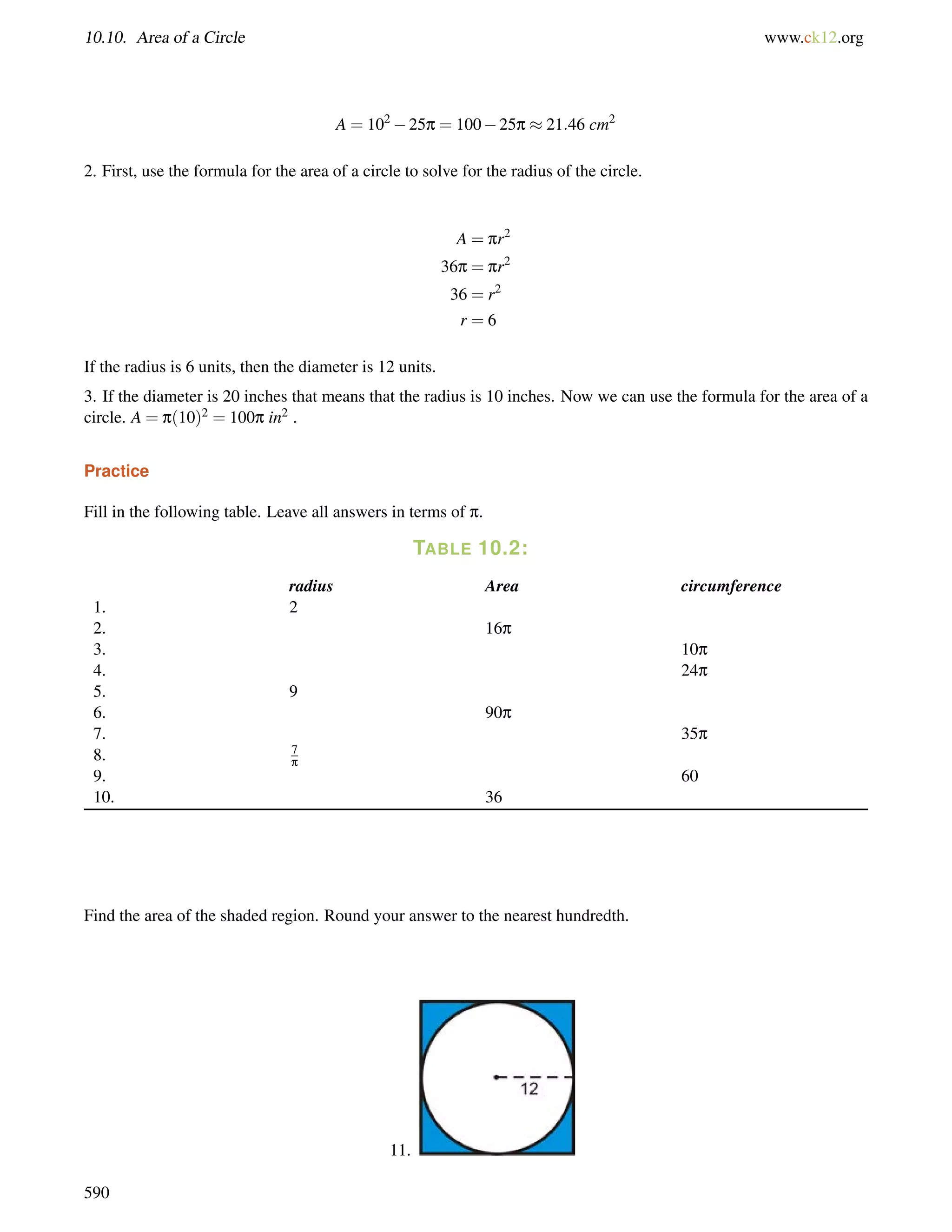 10.10. Area of a Circle www.ck12.org 
A = 10225p = 10025p  21:46 cm2 
2. First, use the formula for the area of a circle to solve for the radius of the circle. 
A = pr2 
36p = pr2 
36 = r2 
r = 6 
If the radius is 6 units, then the diameter is 12 units. 
3. If the diameter is 20 inches that means that the radius is 10 inches. Now we can use the formula for the area of a 
circle. A = p(10)2 = 100p in2 . 
Practice 
Fill in the following table. Leave all answers in terms of p. 
TABLE 10.2: 
radius Area circumference 
1. 2 
2. 16p 
3. 10p 
4. 24p 
5. 9 
6. 90p 
7. 35p 
8. 7p 
9. 60 
10. 36 
Find the area of the shaded region. Round your answer to the nearest hundredth. 
11. 
590 
 