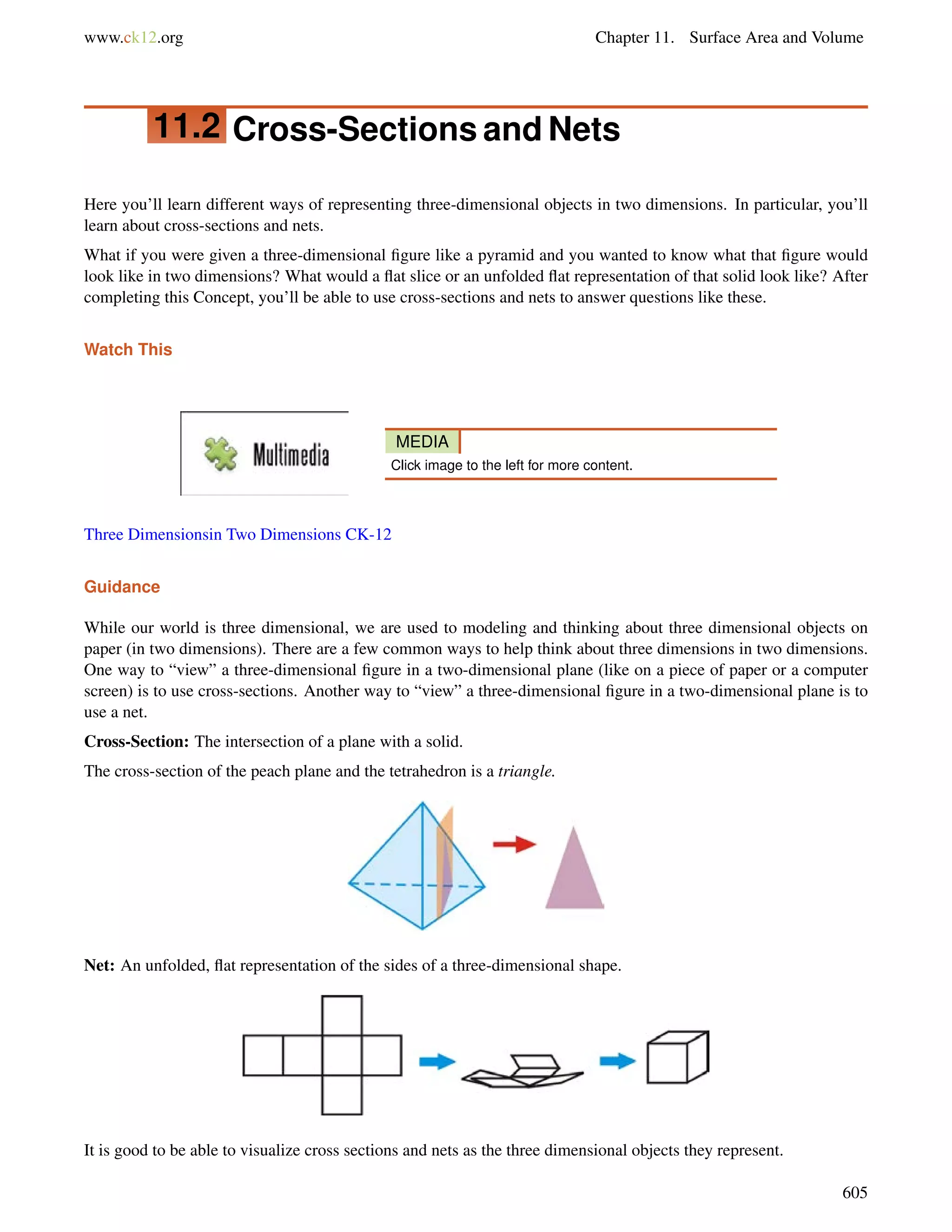 www.ck12.org Chapter 11. Surface Area and Volume 
11.2 Cross-Sections and Nets 
Here you’ll learn different ways of representing three-dimensional objects in two dimensions. In particular, you’ll 
learn about cross-sections and nets. 
What if you were given a three-dimensional figure like a pyramid and you wanted to know what that figure would 
look like in two dimensions? What would a flat slice or an unfolded flat representation of that solid look like? After 
completing this Concept, you’ll be able to use cross-sections and nets to answer questions like these. 
Watch This 
MEDIA 
Click image to the left for more content. 
Three Dimensionsin Two Dimensions CK-12 
Guidance 
While our world is three dimensional, we are used to modeling and thinking about three dimensional objects on 
paper (in two dimensions). There are a few common ways to help think about three dimensions in two dimensions. 
One way to “view” a three-dimensional figure in a two-dimensional plane (like on a piece of paper or a computer 
screen) is to use cross-sections. Another way to “view” a three-dimensional figure in a two-dimensional plane is to 
use a net. 
Cross-Section: The intersection of a plane with a solid. 
The cross-section of the peach plane and the tetrahedron is a triangle. 
Net: An unfolded, flat representation of the sides of a three-dimensional shape. 
It is good to be able to visualize cross sections and nets as the three dimensional objects they represent. 
605 
 