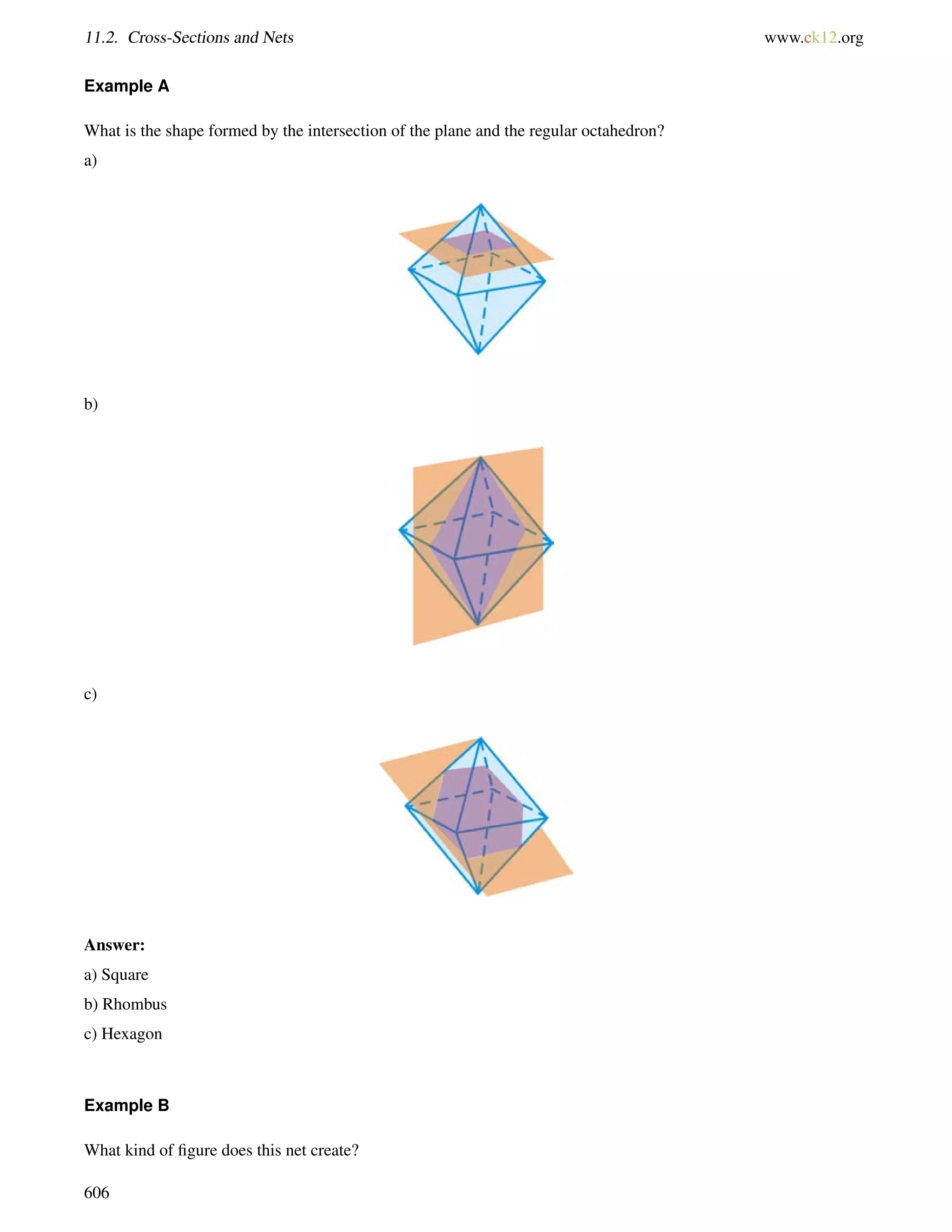 11.2. Cross-Sections and Nets www.ck12.org 
Example A 
What is the shape formed by the intersection of the plane and the regular octahedron? 
a) 
b) 
c) 
Answer: 
a) Square 
b) Rhombus 
c) Hexagon 
Example B 
What kind of figure does this net create? 
606 
 