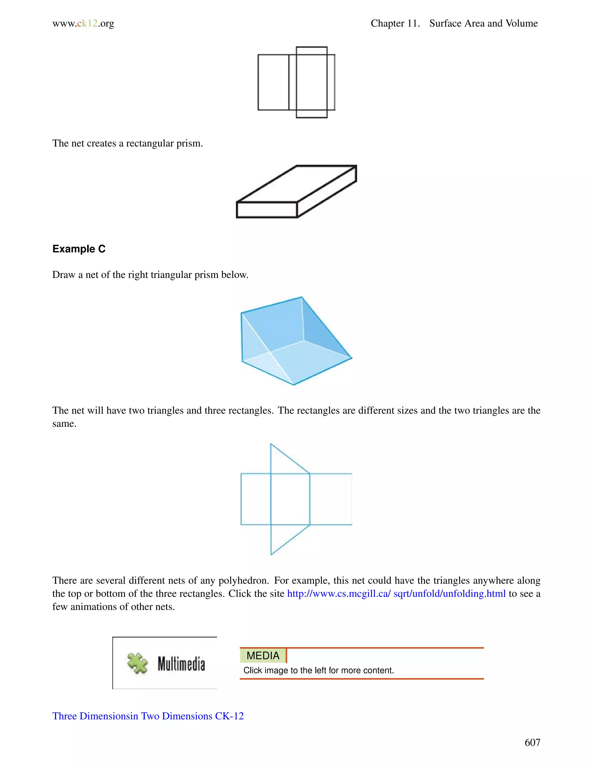 www.ck12.org Chapter 11. Surface Area and Volume 
The net creates a rectangular prism. 
Example C 
Draw a net of the right triangular prism below. 
The net will have two triangles and three rectangles. The rectangles are different sizes and the two triangles are the 
same. 
There are several different nets of any polyhedron. For example, this net could have the triangles anywhere along 
the top or bottom of the three rectangles. Click the site http://www.cs.mcgill.ca/ sqrt/unfold/unfolding.html to see a 
few animations of other nets. 
MEDIA 
Click image to the left for more content. 
Three Dimensionsin Two Dimensions CK-12 
607 
 