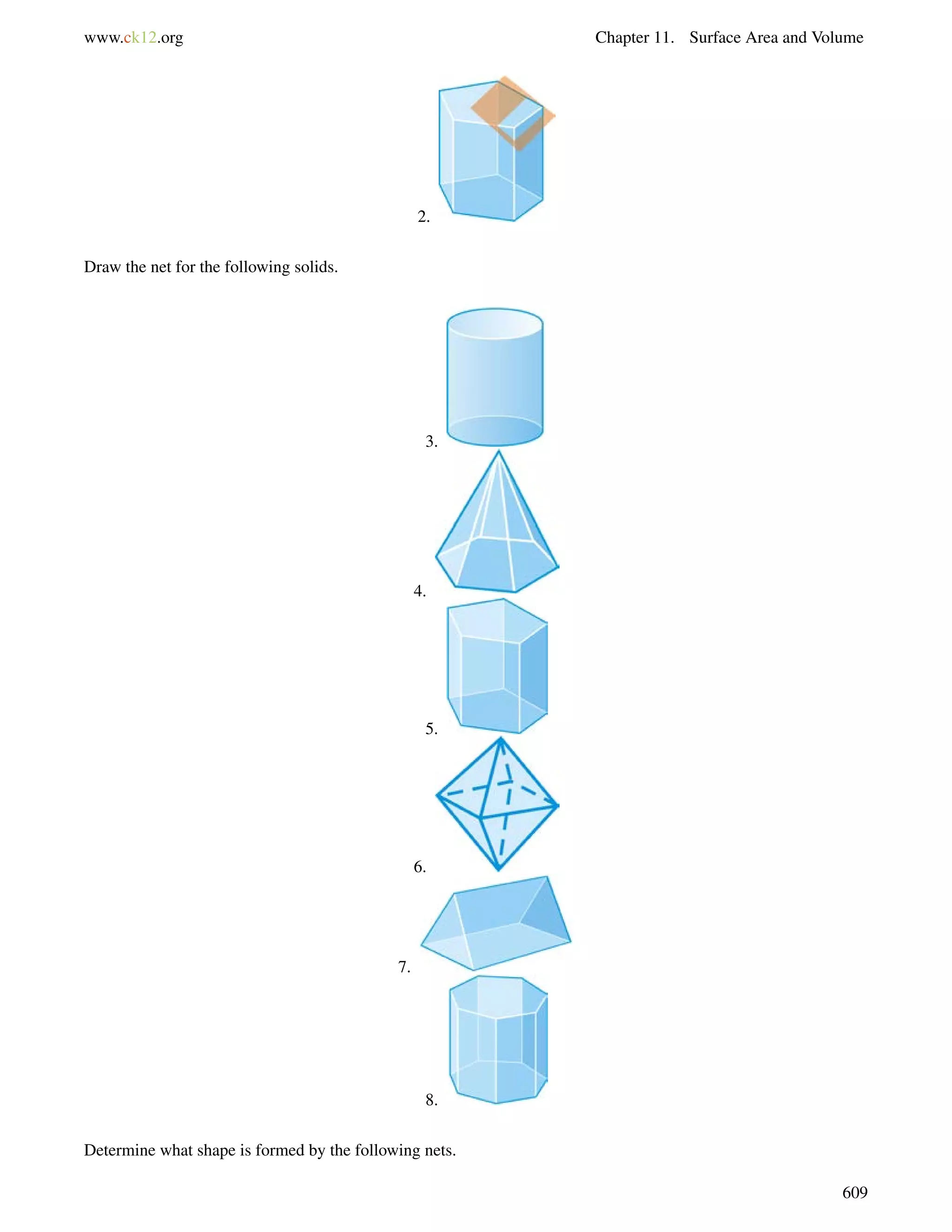 www.ck12.org Chapter 11. Surface Area and Volume 
2. 
Draw the net for the following solids. 
3. 
4. 
5. 
6. 
7. 
8. 
Determine what shape is formed by the following nets. 
609 
 