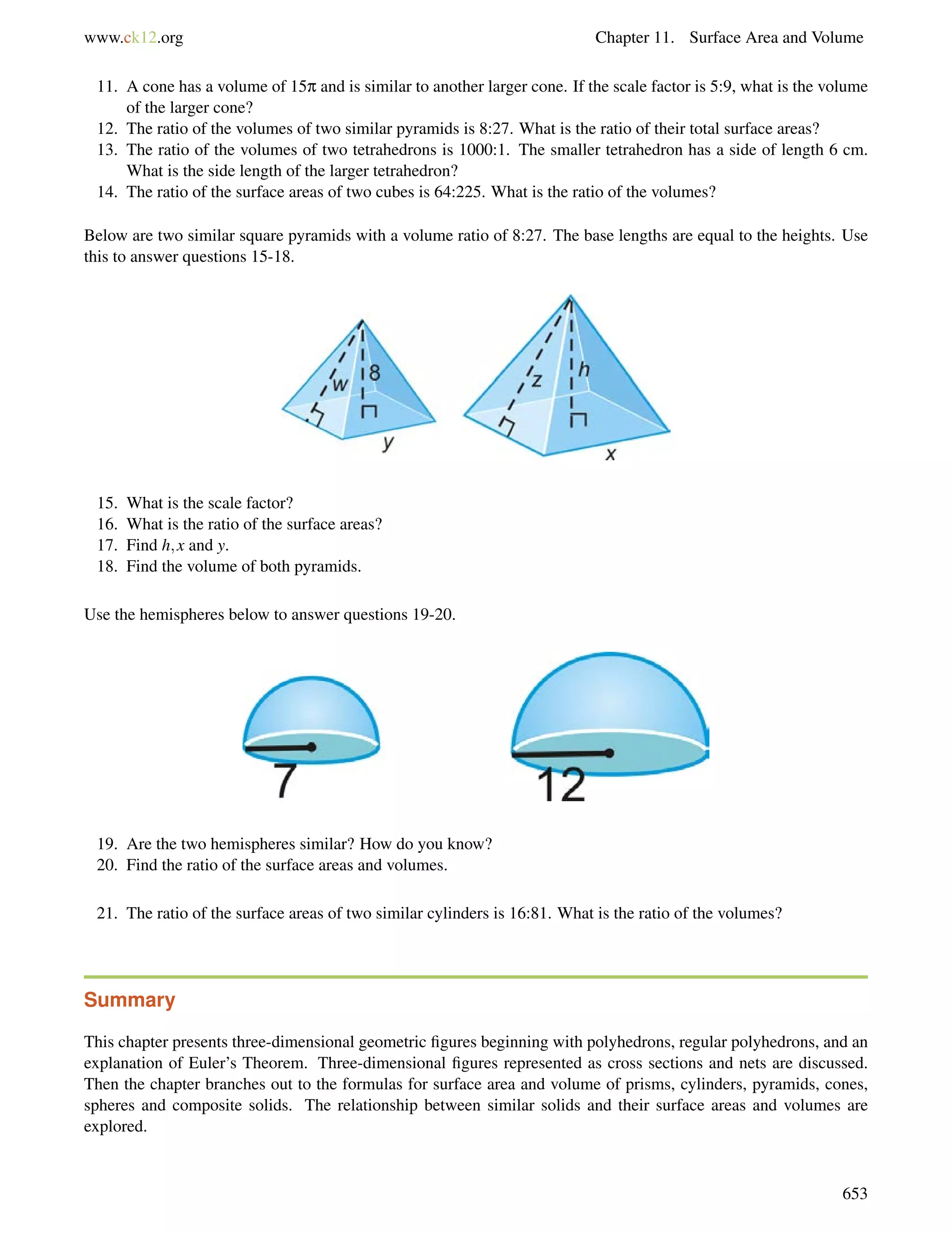 www.ck12.org Chapter 11. Surface Area and Volume 
11. A cone has a volume of 15p and is similar to another larger cone. If the scale factor is 5:9, what is the volume 
of the larger cone? 
12. The ratio of the volumes of two similar pyramids is 8:27. What is the ratio of their total surface areas? 
13. The ratio of the volumes of two tetrahedrons is 1000:1. The smaller tetrahedron has a side of length 6 cm. 
What is the side length of the larger tetrahedron? 
14. The ratio of the surface areas of two cubes is 64:225. What is the ratio of the volumes? 
Below are two similar square pyramids with a volume ratio of 8:27. The base lengths are equal to the heights. Use 
this to answer questions 15-18. 
15. What is the scale factor? 
16. What is the ratio of the surface areas? 
17. Find h;x and y. 
18. Find the volume of both pyramids. 
Use the hemispheres below to answer questions 19-20. 
19. Are the two hemispheres similar? How do you know? 
20. Find the ratio of the surface areas and volumes. 
21. The ratio of the surface areas of two similar cylinders is 16:81. What is the ratio of the volumes? 
Summary 
This chapter presents three-dimensional geometric figures beginning with polyhedrons, regular polyhedrons, and an 
explanation of Euler’s Theorem. Three-dimensional figures represented as cross sections and nets are discussed. 
Then the chapter branches out to the formulas for surface area and volume of prisms, cylinders, pyramids, cones, 
spheres and composite solids. The relationship between similar solids and their surface areas and volumes are 
explored. 
653 
 