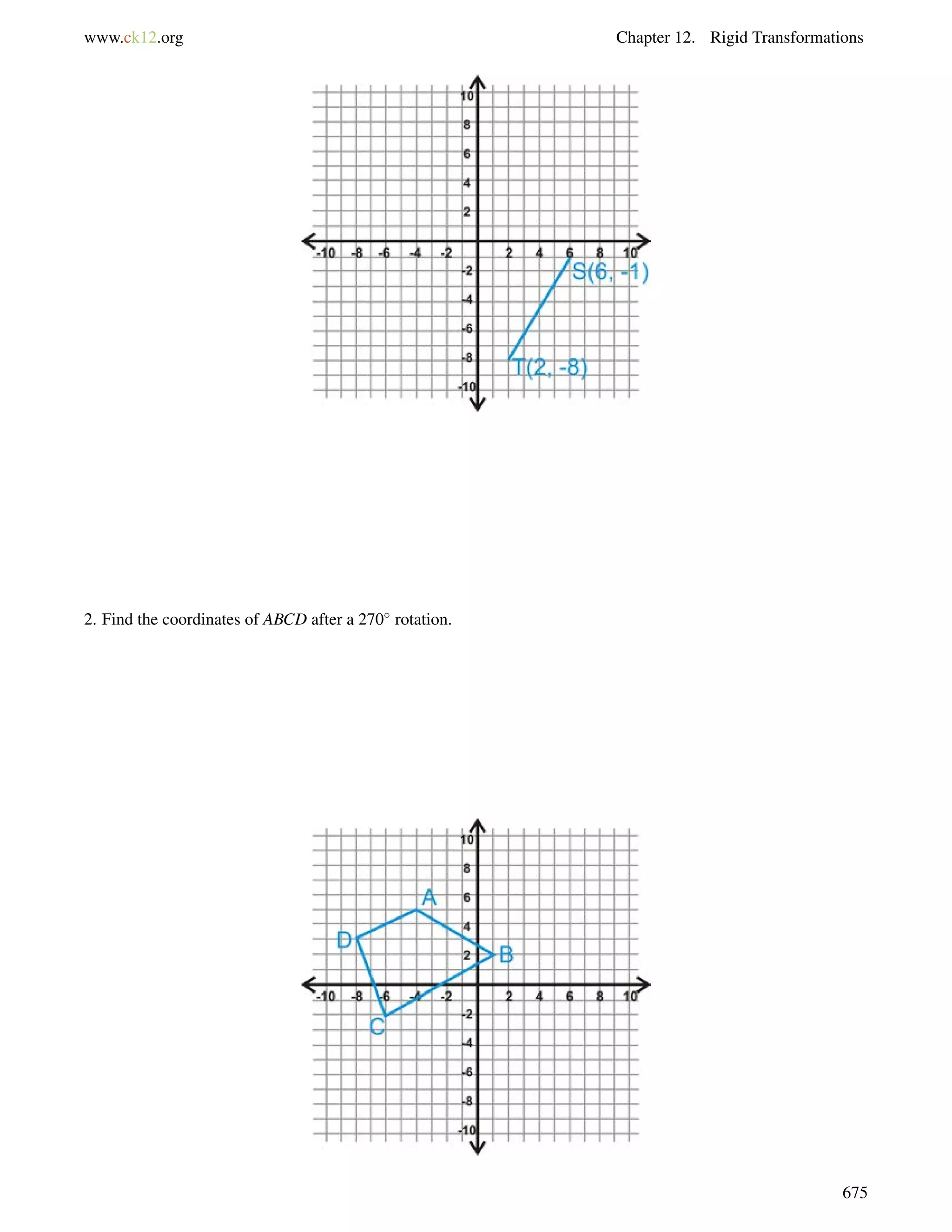 www.ck12.org Chapter 12. Rigid Transformations 
2. Find the coordinates of ABCD after a 270 rotation. 
675 
 
