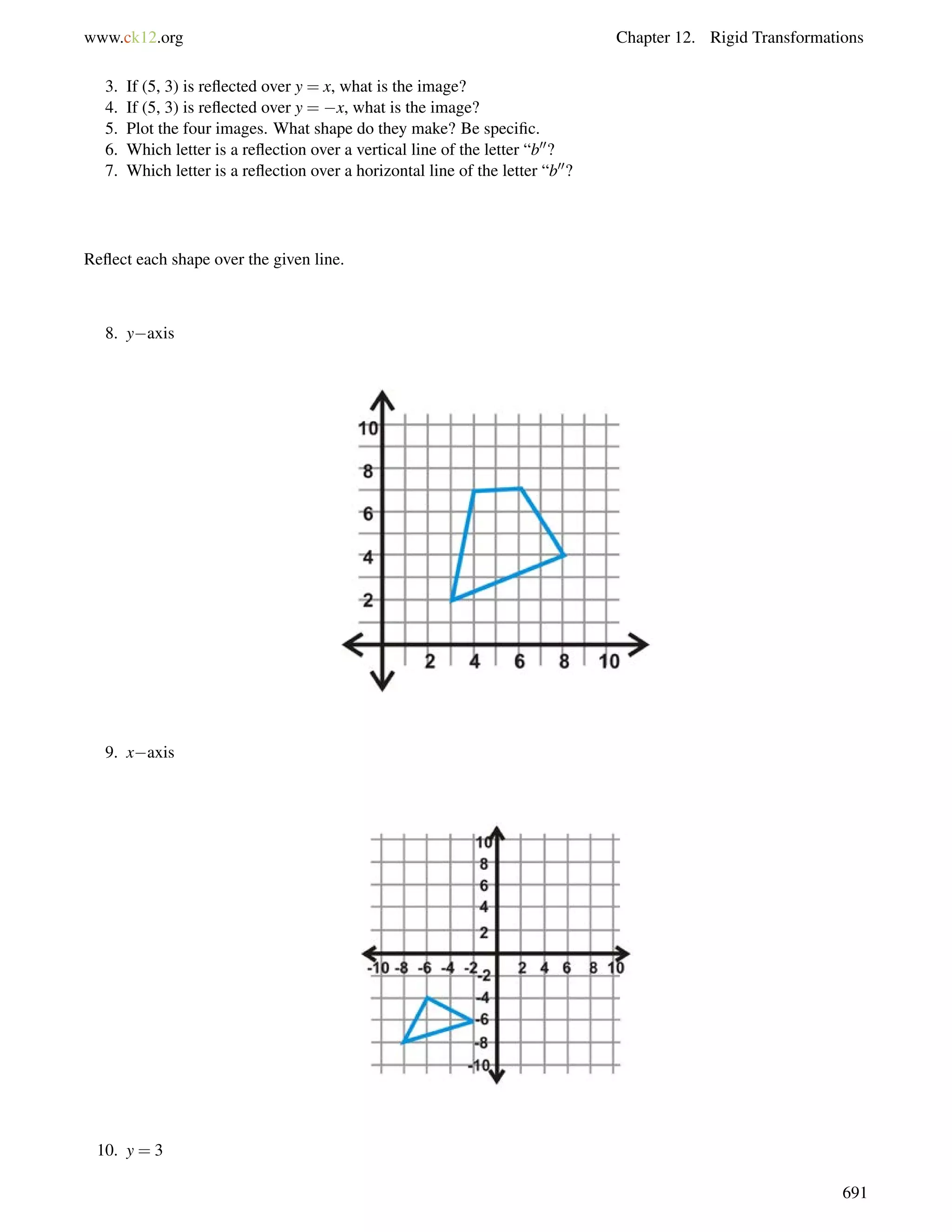 www.ck12.org Chapter 12. Rigid Transformations 
3. If (5, 3) is reflected over y = x, what is the image? 
4. If (5, 3) is reflected over y = x, what is the image? 
5. Plot the four images. What shape do they make? Be specific. 
6. Which letter is a reflection over a vertical line of the letter “b00? 
7. Which letter is a reflection over a horizontal line of the letter “b00? 
Reflect each shape over the given line. 
8. yaxis 
9. xaxis 
10. y = 3 
691 
 