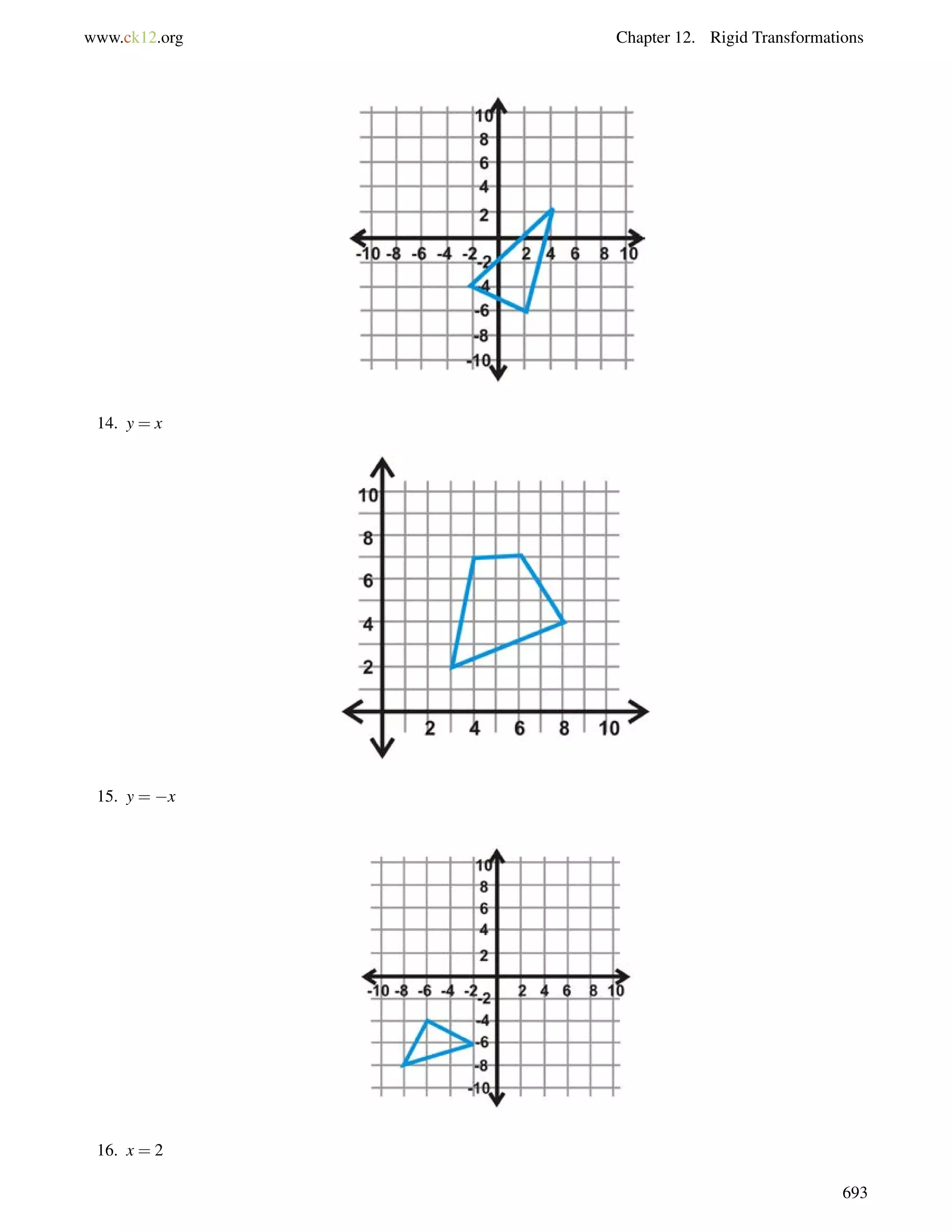 www.ck12.org Chapter 12. Rigid Transformations 
14. y = x 
15. y = x 
16. x = 2 
693 
 