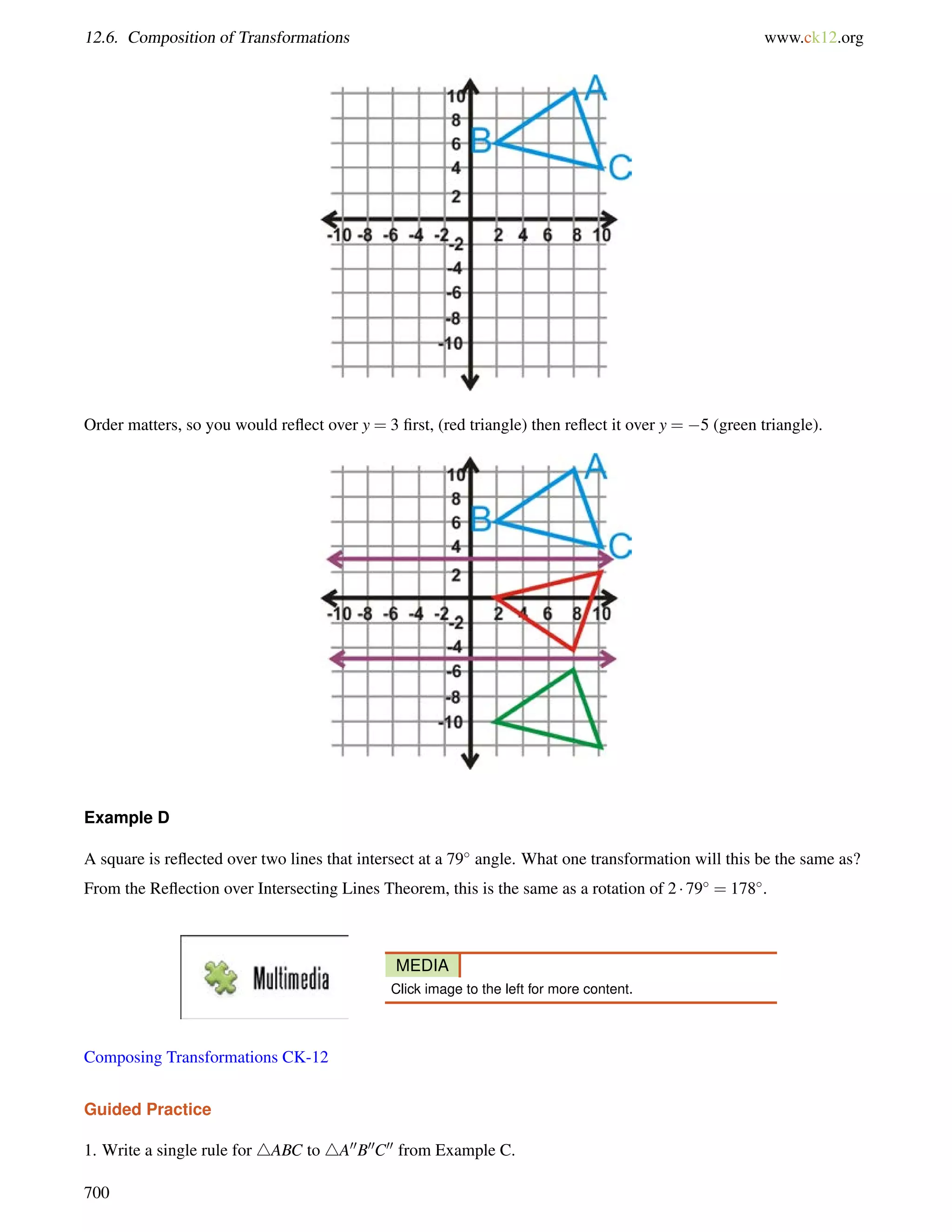 12.6. Composition of Transformations www.ck12.org 
Order matters, so you would reflect over y = 3 first, (red triangle) then reflect it over y = 5 (green triangle). 
Example D 
A square is reflected over two lines that intersect at a 79 angle. What one transformation will this be the same as? 
From the Reflection over Intersecting Lines Theorem, this is the same as a rotation of 2  79 = 178. 
MEDIA 
Click image to the left for more content. 
Composing Transformations CK-12 
Guided Practice 
1. Write a single rule for 4ABC to 4A00B00C00 from Example C. 
700 
 