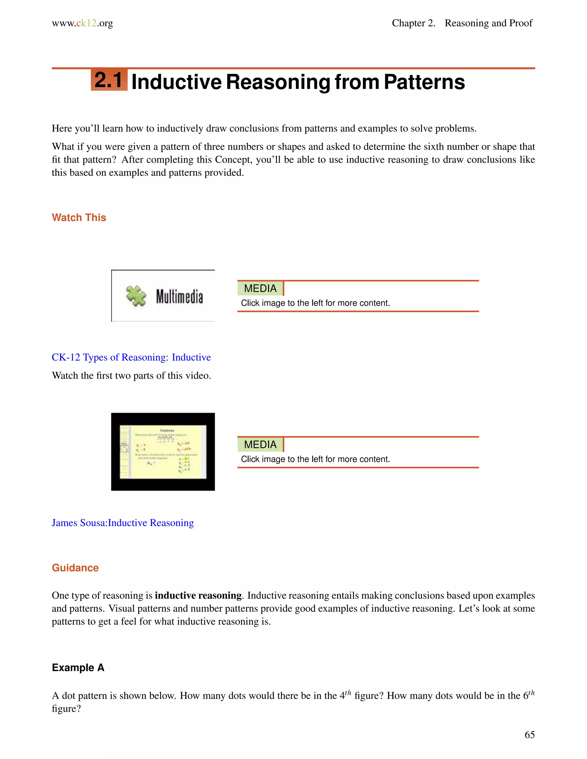www.ck12.org Chapter 2. Reasoning and Proof 
2.1 Inductive Reasoning fromPatterns 
Here you’ll learn how to inductively draw conclusions from patterns and examples to solve problems. 
What if you were given a pattern of three numbers or shapes and asked to determine the sixth number or shape that 
fit that pattern? After completing this Concept, you’ll be able to use inductive reasoning to draw conclusions like 
this based on examples and patterns provided. 
Watch This 
MEDIA 
Click image to the left for more content. 
CK-12 Types of Reasoning: Inductive 
Watch the first two parts of this video. 
MEDIA 
Click image to the left for more content. 
James Sousa:Inductive Reasoning 
Guidance 
One type of reasoning is inductive reasoning. Inductive reasoning entails making conclusions based upon examples 
and patterns. Visual patterns and number patterns provide good examples of inductive reasoning. Let’s look at some 
patterns to get a feel for what inductive reasoning is. 
Example A 
A dot pattern is shown below. How many dots would there be in the 4th figure? How many dots would be in the 6th 
figure? 
65 
 
