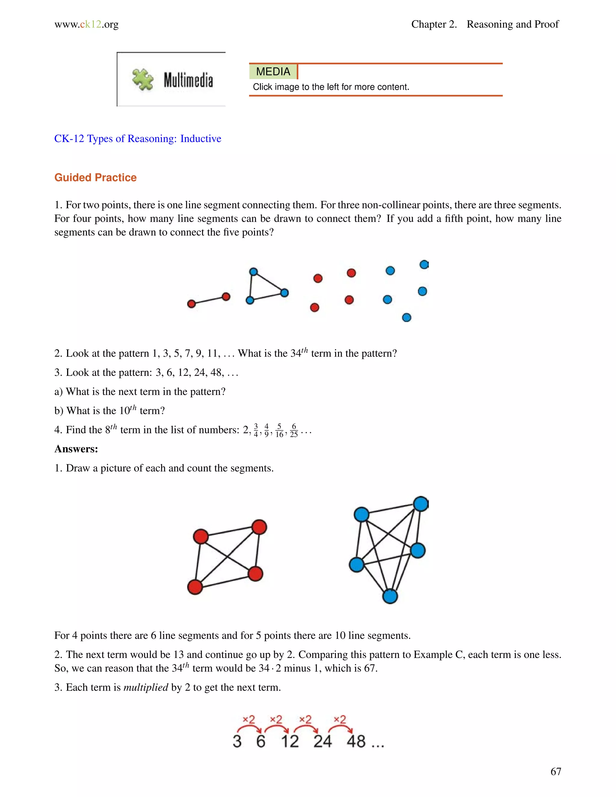 www.ck12.org Chapter 2. Reasoning and Proof 
MEDIA 
Click image to the left for more content. 
CK-12 Types of Reasoning: Inductive 
Guided Practice 
1. For two points, there is one line segment connecting them. For three non-collinear points, there are three segments. 
For four points, how many line segments can be drawn to connect them? If you add a fifth point, how many line 
segments can be drawn to connect the five points? 
34 
2. Look at the pattern 1, 3, 5, 7, 9, 11, : : : What is the 34th term in the pattern? 
3. Look at the pattern: 3, 6, 12, 24, 48, : : : 
a) What is the next term in the pattern? 
b) What is the 10th term? 
4. Find the 8th term in the list of numbers: 2;; 4 
; 5 
9 16 ; 6 
25 : : : 
Answers: 
1. Draw a picture of each and count the segments. 
For 4 points there are 6 line segments and for 5 points there are 10 line segments. 
2. The next term would be 13 and continue go up by 2. Comparing this pattern to Example C, each term is one less. 
So, we can reason that the 34th term would be 34  2 minus 1, which is 67. 
3. Each term is multiplied by 2 to get the next term. 
67 
 