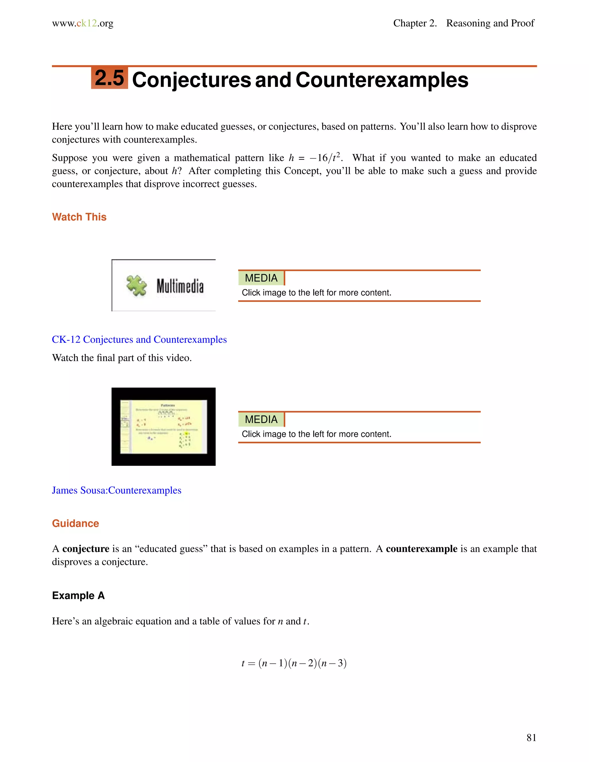www.ck12.org Chapter 2. Reasoning and Proof 
2.5 Conjectures and Counterexamples 
Here you’ll learn how to make educated guesses, or conjectures, based on patterns. You’ll also learn how to disprove 
conjectures with counterexamples. 
Suppose you were given a mathematical pattern like h = 16=t2. What if you wanted to make an educated 
guess, or conjecture, about h? After completing this Concept, you’ll be able to make such a guess and provide 
counterexamples that disprove incorrect guesses. 
Watch This 
MEDIA 
Click image to the left for more content. 
CK-12 Conjectures and Counterexamples 
Watch the final part of this video. 
MEDIA 
Click image to the left for more content. 
James Sousa:Counterexamples 
Guidance 
A conjecture is an “educated guess” that is based on examples in a pattern. A counterexample is an example that 
disproves a conjecture. 
Example A 
Here’s an algebraic equation and a table of values for n and t. 
t = (n1)(n2)(n3) 
81 
 