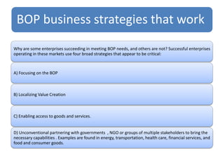 BOP business strategies that work
Why are some enterprises succeeding in meeting BOP needs, and others are not? Successful enterprises
operating in these markets use four broad strategies that appear to be critical:
A) Focusing on the BOP
B) Localizing Value Creation
C) Enabling access to goods and services.
D) Unconventional partnering with governments , NGO or groups of multiple stakeholders to bring the
necessary capabilities . Examples are found in energy, transportation, health care, financial services, and
food and consumer goods.
 