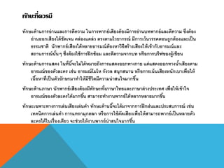 ทักษะที่ควรมี
ทักษะด้านการอ่านและการตีความ ในการพากย์เสียงต้องมีการอ่านบทพากย์และตีความ ซึ่งต้อง
อ่านออกเสียงได้ชัดเจน คล่องแคล่ว ตรงตามไวยากรณ์ มีการเว้นวรรคตอนถูกต้องและเป็น
ธรรมชาติ นักพากย์เสียงได้หลายอารมณ์ต้องหาวิธีสร้างเสียงให้เข้ากับอารมณ์และ
สถานการณ์นั้นๆ ซึ่งต้องใช้การฝึกซ้อม และตีความจากบท หรือการบรีฟของผู้เขียน
ทักษะด้านการแสดง ในที่นี้จะไม่ได้หมายถึงการแสดงออกทางกาย แต่แสดงออกทางน้าเสียงตาม
อารมณ์ของตัวละคร เช่น อารมณ์โมโห กังวล สนุกสนาน หรือการเน้นเสียงหนักเบาเพื่อให้
เนื้อหาที่เป็นตัวอักษรมาทาให้มีชีวิตมีความน่าสนใจมากขึ้น
ทักษะด้านภาษา นักพากย์เสียงต้องมีทักษะทั้งภาษาไทยและภาษาต่างประเทศ เพื่อให้เข้าใจ
อารมณ์ของตัวละครได้มากขึ้น สามารถทางานพากย์ได้หลากหลายมากขึ้น
ทักษะเฉพาะทางการเล่นเสียงเล่นคา ทักษะด้านนี้จะได้มาจากการฝึกฝนและประสบการณ์ เช่น
เทคนิคการเล่นคา การแทรกมุกตลก หรือการใช้ดัดเสียงเพื่อให้สามารถพากย์เป็นหลายตัว
ละครได้ในเรื่องเดียว จะช่วยให้งานพากย์น่าสนใจมากขึ้น
 