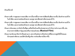 ทักษะที่ควรมี
ทักษะการฟัง การพูดและการออกเสียง หากเป็นกรณีในการพากย์เสียงทับเสียงภาษาอื่น ต้องทาความเข้าใจ
ในน้าเสียง และอารมณ์ของตัวละคร และพูด ออกเสียงอย่างชัดเจนและเข้าใจ
ทักษะการฟัง การพูดและการออกเสียง หากเป็นกรณีในการพากย์เสียงทับเสียงภาษาอื่น ต้องทาความเข้าใจ
ในน้าเสียง และอารมณ์ของตัวละคร และพูด ออกเสียงอย่างชัดเจนและเข้าใจ
ทักษะการร้องเพลง อาจไม่จาเป็นที่สุด แต่ถือเป็นทักษะที่จะช่วยขยายวงกว้างในการทางานมากขึ้น เช่น
สามารถพากย์เสียงการ์ตูนแพลงหรือภาพยนตร์เพลง (Musical Film)
ทักษะภาษาอังกฤษ ถือว่าจาเป็นอย่างมาก เพราะปัจจุบันหากเป็นนักพากย์ที่สามารถพูดได้ทั้งไทยและ
อังกฤษอย่างชัดเจน และมีสาเนียงที่ถูกต้อง จะช่วยเพิ่มรายได้มากขึ้น
 