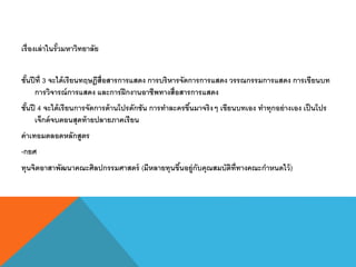 เรื่องเล่าในรั้วมหาวิทยาลัย
ชั้นปีที่ 3 จะได้เรียนทฤษฎีสื่อสารการแสดง การบริหารจัดการการแสดง วรรณกรรมการแสดง การเขียนบท
การวิจารณ์การแสดง และการฝึกงานอาชีพทางสื่อสารการแสดง
ชั้นปี 4 จะได้เรียนการจัดการด้านโปรดักชัน การทาละครขึ้นมาจริงๆ เขียนบทเอง ทาทุกอย่างเอง เป็นโปร
เจ็กต์จบตอนสุดท้ายปลายภาคเรียน
ค่าเทอมตลอดหลักสูตร
-กยศ
ทุนจิตอาสาพัฒนาคณะศิลปกรรมศาสตร์ (มีหลายทุนขึ้นอยู่กับคุณสมบัติที่ทางคณะกาหนดไว้)
 