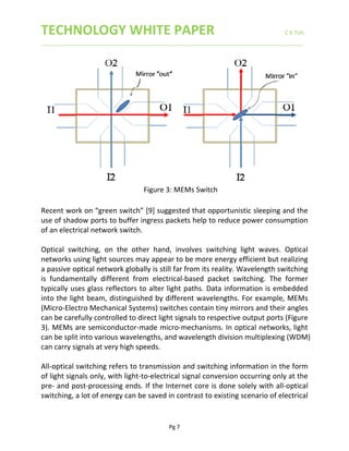 TECHNOLOGY WHITE PAPER                     C K Toh 
____________________________________________________________________________________ 
 
Pg 7 
 
          Figure 3: MEMs Switch 
 
Recent work on “green switch” [9] suggested that opportunistic sleeping and the 
use of shadow ports to buffer ingress packets help to reduce power consumption 
of an electrical network switch.  
 
Optical  switching,  on  the  other  hand,  involves  switching  light  waves.  Optical 
networks using light sources may appear to be more energy efficient but realizing 
a passive optical network globally is still far from its reality. Wavelength switching 
is  fundamentally  different  from  electrical‐based  packet  switching.  The  former 
typically uses glass reflectors to alter light paths. Data information is embedded 
into the light beam, distinguished by different wavelengths. For example, MEMs 
(Micro‐Electro Mechanical Systems) switches contain tiny mirrors and their angles 
can be carefully controlled to direct light signals to respective output ports (Figure 
3). MEMs are semiconductor‐made micro‐mechanisms. In optical networks, light 
can be split into various wavelengths, and wavelength division multiplexing (WDM) 
can carry signals at very high speeds.  
 
All‐optical switching refers to transmission and switching information in the form 
of light signals only, with light‐to‐electrical signal conversion occurring only at the 
pre‐ and post‐processing ends. If the Internet core is done solely with all‐optical 
switching, a lot of energy can be saved in contrast to existing scenario of electrical 
 