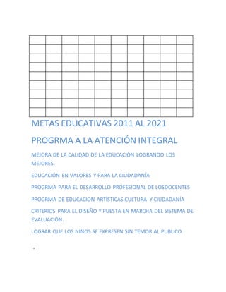 METAS EDUCATIVAS 2011 AL 2021 
PROGRMA A LA ATENCIÓN INTEGRAL 
MEJORA DE LA CALIDAD DE LA EDUCACIÓN LOGRANDO LOS 
MEJORES. 
EDUCACIÓN EN VALORES Y PARA LA CIUDADANÍA 
PROGRMA PARA EL DESARROLLO PROFESIONAL DE LOSDOCENTES 
PROGRMA DE EDUCACION ARTÍSTICAS,CULTURA Y CIUDADANÍA 
CRITERIOS PARA EL DISEÑO Y PUESTA EN MARCHA DEL SISTEMA DE 
EVALUACIÓN. 
LOGRAR QUE LOS NIÑOS SE EXPRESEN SIN TEMOR AL PUBLICO 
. 
 