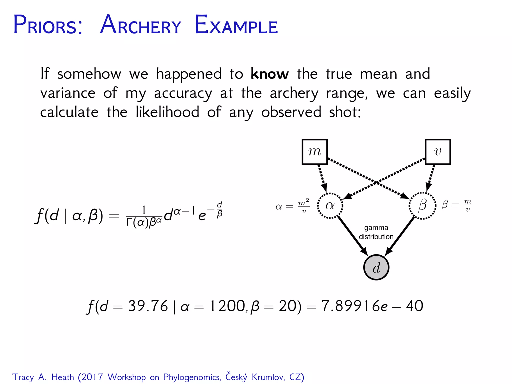 P: A E
If somehow we happened to know the true mean and
variance of my accuracy at the archery range, we can easily
calculate the likelihood of any observed shot:
f(d | α,β) = 1
Γ(α)βα dα−1e− d
β
d
α β
gamma
distribution
m v
β = m
vα = m2
v
f(d = 39.76 | α = 1200,β = 20) = 7.89916e − 40
Tracy A. Heath (2017 Workshop on Phylogenomics, Český Krumlov, CZ)
 