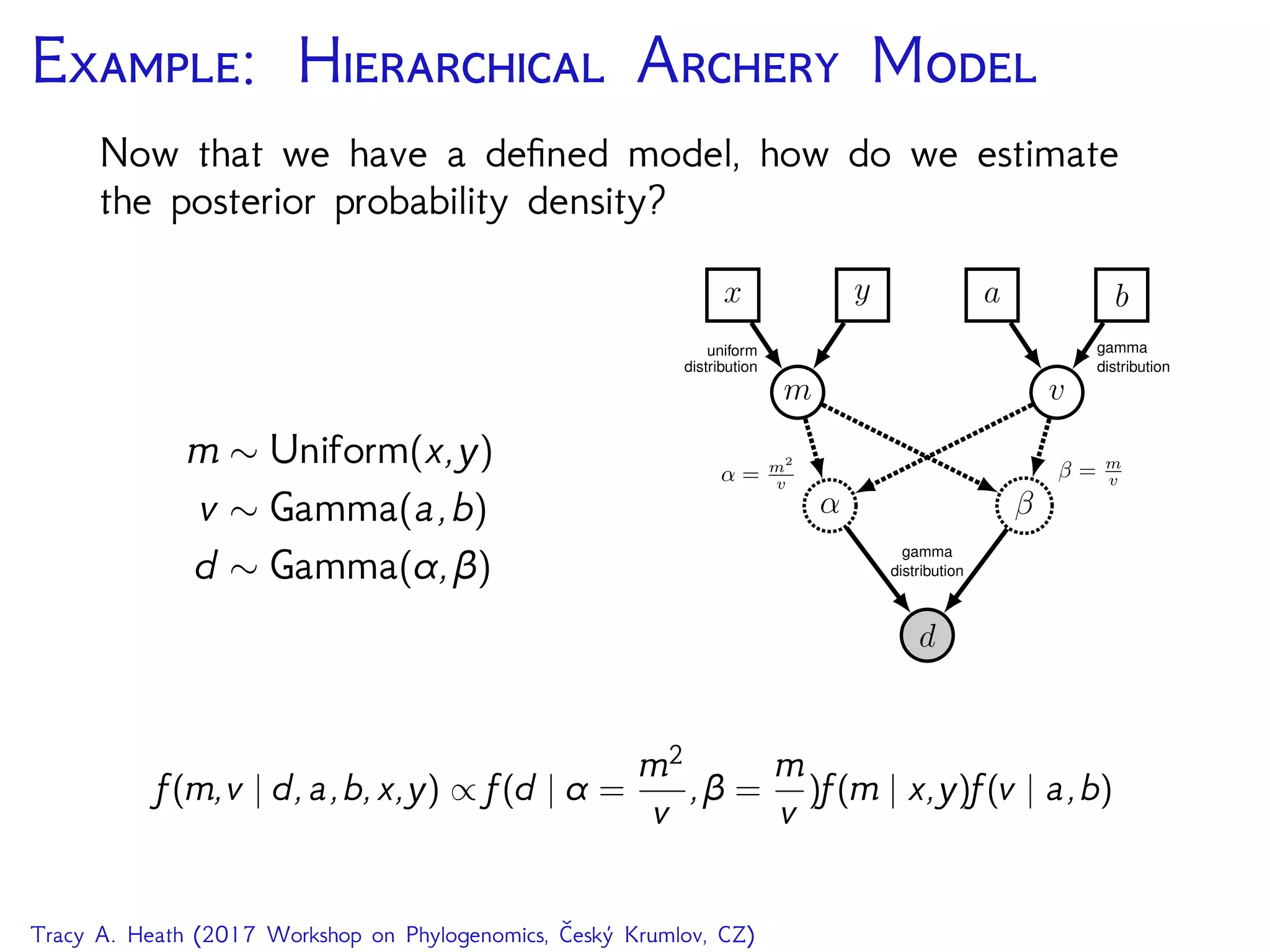 E: H A M
Now that we have a deﬁned model, how do we estimate
the posterior probability density?
m ∼ Uniform(x,y)
v ∼ Gamma(a,b)
d ∼ Gamma(α,β)
d
α β
gamma
distribution
m v
β = m
vα = m2
v
x y a b
uniform
distribution
gamma
distribution
f(m,v | d,a,b,x,y) ∝ f(d | α =
m2
v
,β =
m
v
)f(m | x,y)f(v | a,b)
Tracy A. Heath (2017 Workshop on Phylogenomics, Český Krumlov, CZ)
 