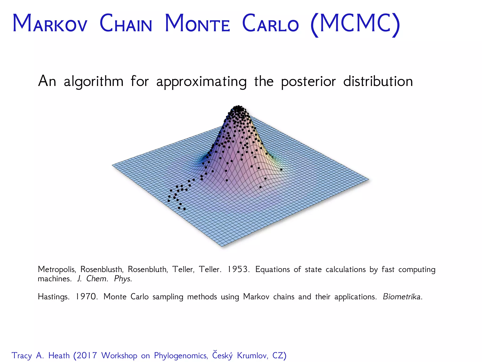 M C M C (MCMC)
An algorithm for approximating the posterior distribution
Metropolis, Rosenblusth, Rosenbluth, Teller, Teller. 1953. Equations of state calculations by fast computing
machines. J. Chem. Phys.
Hastings. 1970. Monte Carlo sampling methods using Markov chains and their applications. Biometrika.
Tracy A. Heath (2017 Workshop on Phylogenomics, Český Krumlov, CZ)
 