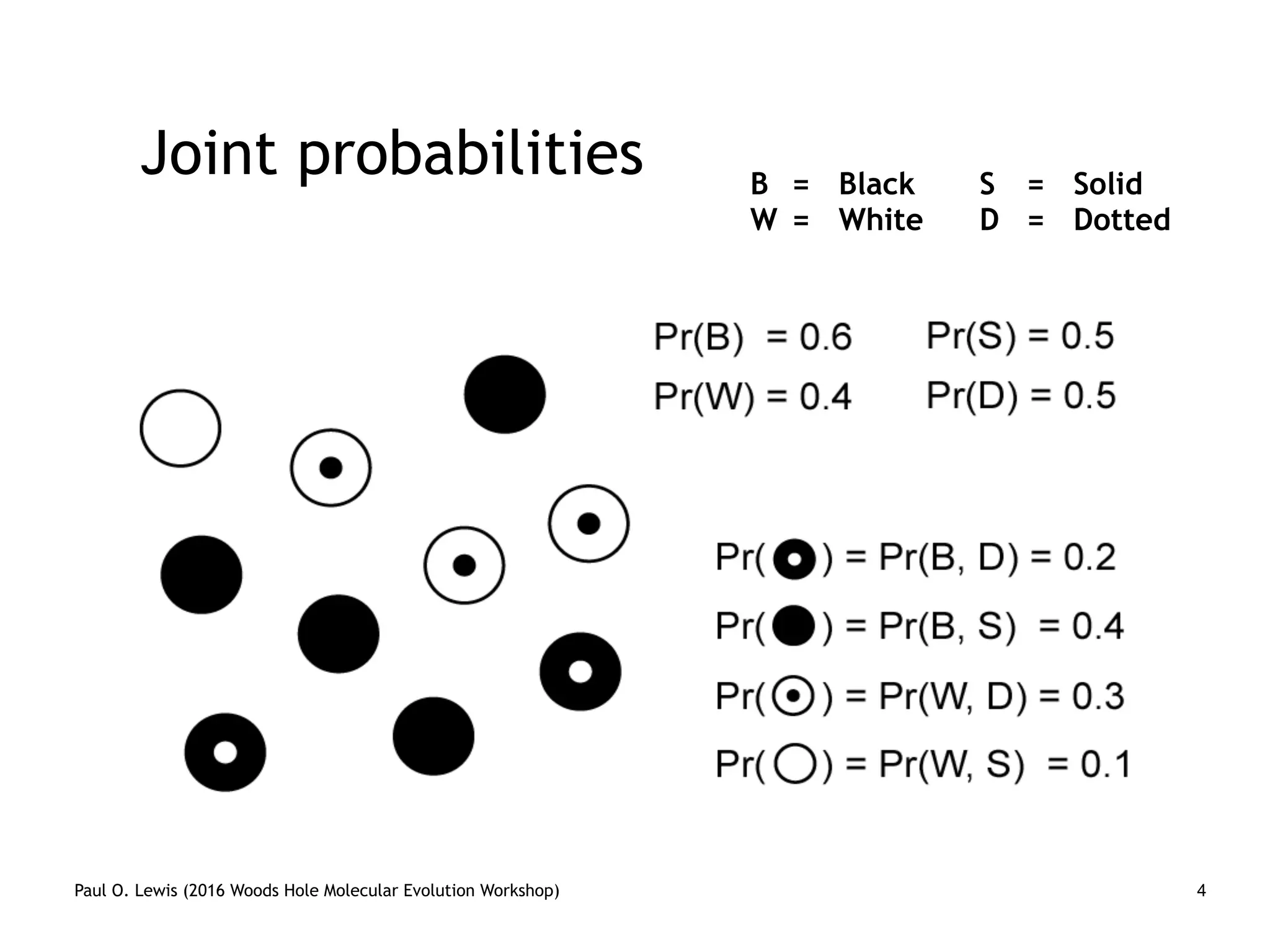 Paul O. Lewis (2016 Woods Hole Molecular Evolution Workshop) 4
Joint probabilities B = Black S = Solid
W = White D = Dotted
 