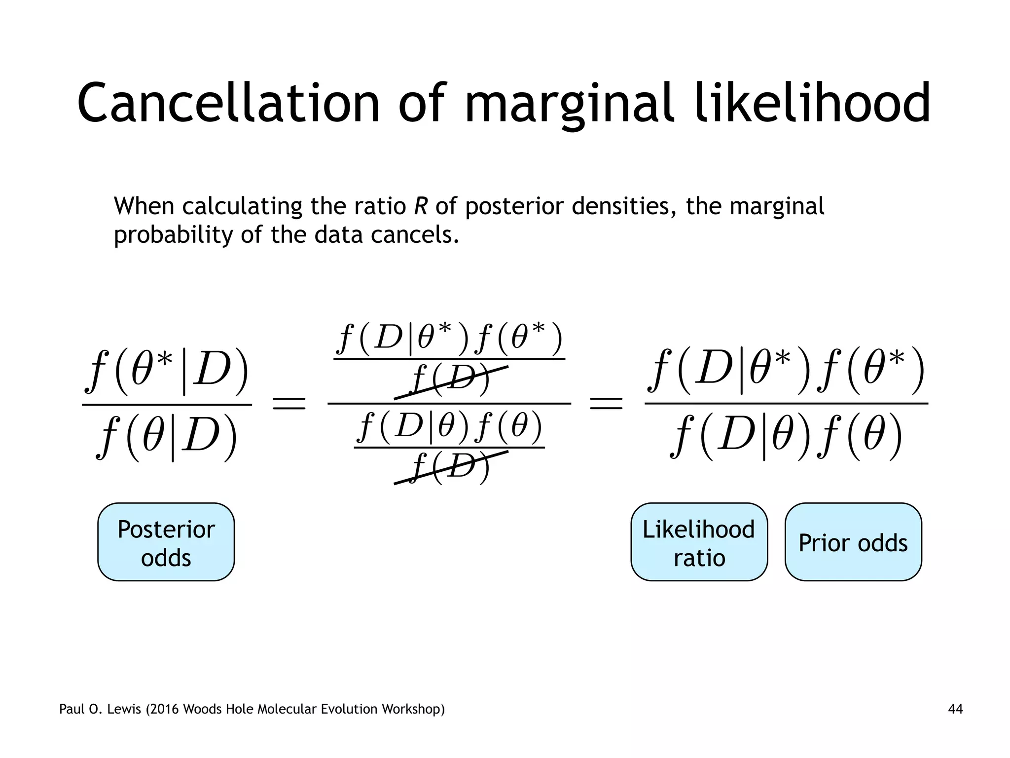 =
f(D| ⇤
)f( ⇤
)
f(D)
f(D| )f( )
f(D)
Paul O. Lewis (2016 Woods Hole Molecular Evolution Workshop) 44
Cancellation of marginal likelihood
When calculating the ratio R of posterior densities, the marginal
probability of the data cancels.
f( ⇤
|D)
f( |D)
Posterior
odds
=
f(D| ⇤
)f( ⇤
)
f(D| )f( )
Likelihood
ratio
Prior odds
 