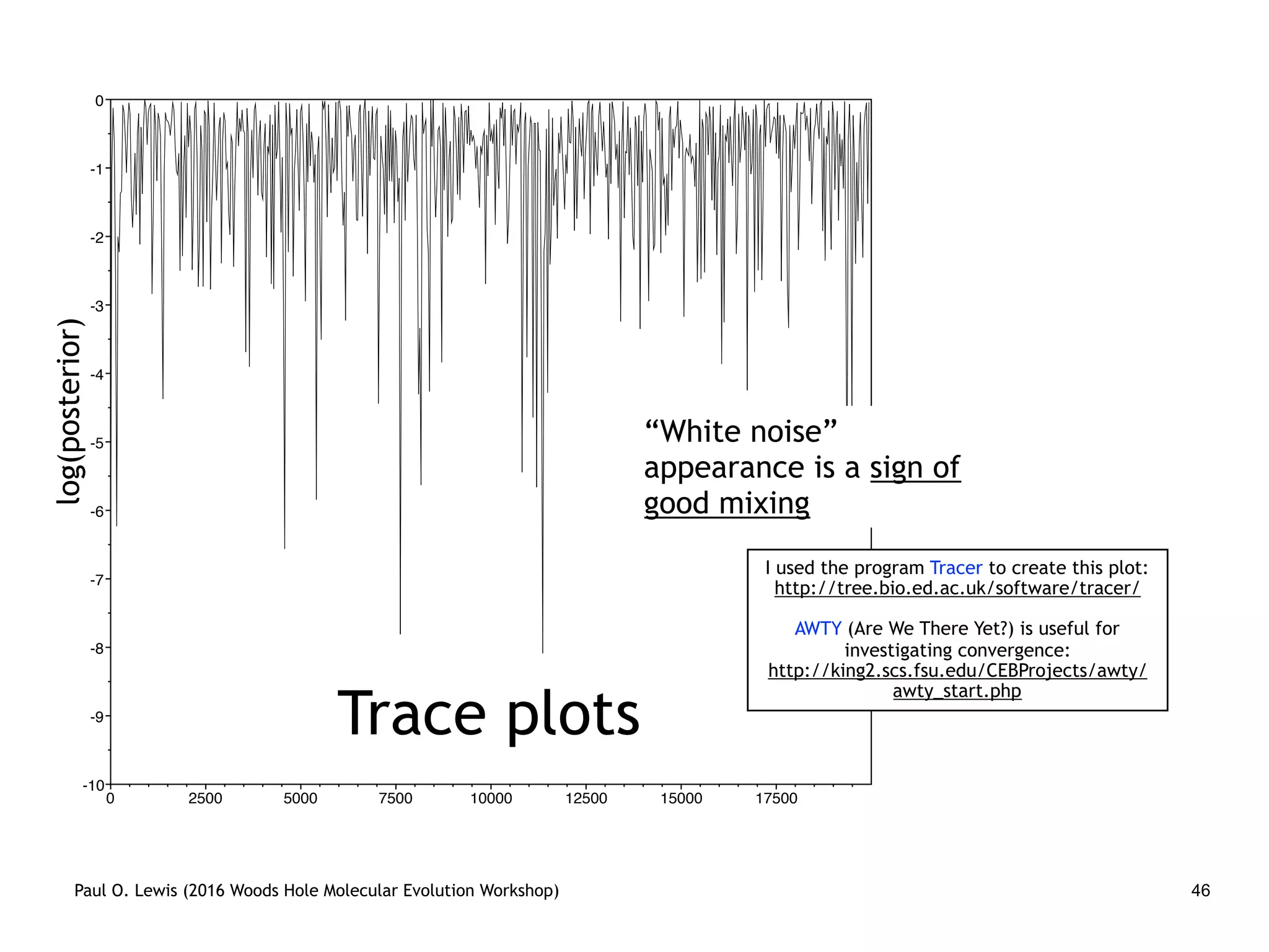 default2.TXT
State
0 2500 5000 7500 10000 12500 15000 17500
-10
-9
-8
-7
-6
-5
-4
-3
-2
-1
0
Paul O. Lewis (2016 Woods Hole Molecular Evolution Workshop) 46
Trace plots
“White noise”
appearance is a sign of
good mixing
I used the program Tracer to create this plot:
http://tree.bio.ed.ac.uk/software/tracer/
AWTY (Are We There Yet?) is useful for
investigating convergence:
http://king2.scs.fsu.edu/CEBProjects/awty/
awty_start.php
log(posterior)
 