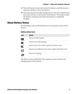 Chapter 1 — About the Computer Features
CK3R and CK3X Mobile Computer User Manual 7
5 Press the battery release tab toward the battery until the battery is
released, and then remove the battery.
6 Insert the top end of a fully charged battery into the computer and
press down firmly on the bottom of the battery. The battery release
tab makes a clicking sound when the battery is completely
installed.
About Battery Status
Use the battery icon on the Title bar to view the power status of the
battery.
The Battery status LED below the computer screen indicates the
charging status of the battery.
Battery Status Icons
Icon Status
Battery is fully charged.
Battery has medium charge.
Battery is low. You need to replace the battery soon.
Battery is critically low. You need to replace the battery now.
Battery is charging.
 