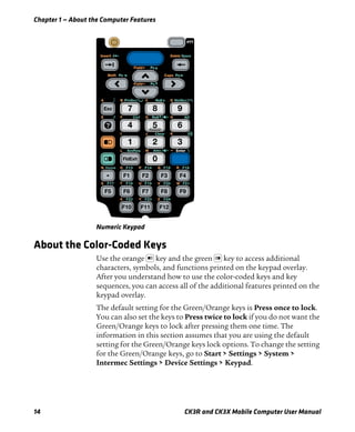 Chapter 1 — About the Computer Features
14 CK3R and CK3X Mobile Computer User Manual
Numeric Keypad
About the Color-Coded Keys
Use the orange key and the green key to access additional
characters, symbols, and functions printed on the keypad overlay.
After you understand how to use the color-coded keys and key
sequences, you can access all of the additional features printed on the
keypad overlay.
The default setting for the Green/Orange keys is Press once to lock.
You can also set the keys to Press twice to lock if you do not want the
Green/Orange keys to lock after pressing them one time. The
information in this section assumes that you are using the default
setting for the Green/Orange keys lock options. To change the setting
for the Green/Orange keys, go to Start > Settings > System >
Intermec Settings > Device Settings > Keypad.
 