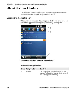 Chapter 2 — About the User Interface and Intermec Applications
32 CK3R and CK3X Mobile Computer User Manual
About the User Interface
The Windows Embedded Handheld 6.5 operating system provides a
touch-friendly and easy to navigate user interface.
About the Home Screen
When you turn on your mobile computer, the Home screen is the first
screen that appears after language provisioning is complete.
The Windows Embedded Handheld 6.5 Home Screen
Home Screen Navigation Bars
Callout Navigation Bar Description
1 Title bar Use the Title bar icons to view the current
status of information such as signal strength
and battery power remaining.
 