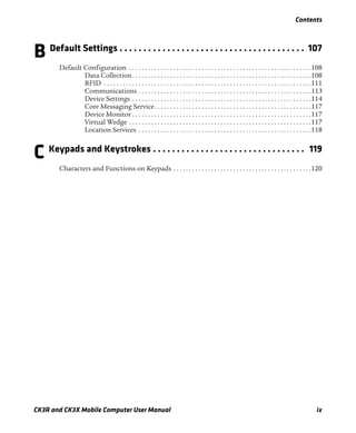 Contents
CK3R and CK3X Mobile Computer User Manual ix
B Default Settings . . . . . . . . . . . . . . . . . . . . . . . . . . . . . . . . . . . . . . . 107
Default Configuration . . . . . . . . . . . . . . . . . . . . . . . . . . . . . . . . . . . . . . . . . . . . . . . . . . . . . . . . . .108
Data Collection. . . . . . . . . . . . . . . . . . . . . . . . . . . . . . . . . . . . . . . . . . . . . . . . . . . . . . . . .108
RFID . . . . . . . . . . . . . . . . . . . . . . . . . . . . . . . . . . . . . . . . . . . . . . . . . . . . . . . . . . . . . . . . . .111
Communications . . . . . . . . . . . . . . . . . . . . . . . . . . . . . . . . . . . . . . . . . . . . . . . . . . . . . . .113
Device Settings . . . . . . . . . . . . . . . . . . . . . . . . . . . . . . . . . . . . . . . . . . . . . . . . . . . . . . . . .114
Core Messaging Service. . . . . . . . . . . . . . . . . . . . . . . . . . . . . . . . . . . . . . . . . . . . . . . . . .117
Device Monitor . . . . . . . . . . . . . . . . . . . . . . . . . . . . . . . . . . . . . . . . . . . . . . . . . . . . . . . . .117
Virtual Wedge . . . . . . . . . . . . . . . . . . . . . . . . . . . . . . . . . . . . . . . . . . . . . . . . . . . . . . . . . .117
Location Services . . . . . . . . . . . . . . . . . . . . . . . . . . . . . . . . . . . . . . . . . . . . . . . . . . . . . . .118
C Keypads and Keystrokes . . . . . . . . . . . . . . . . . . . . . . . . . . . . . . . . 119
Characters and Functions on Keypads . . . . . . . . . . . . . . . . . . . . . . . . . . . . . . . . . . . . . . . . . . . .120
 