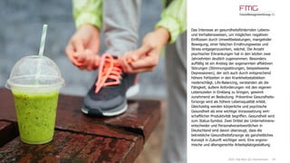 24
Das Interesse an gesundheitsfördernden Lebens-
und Verhaltensweisen, um möglichen negativen
Einflüssen durch Umweltbelastungen, mangelnder
Bewegung, einer falschen Ernährungsweise und
Stress entgegenzuwirken, wächst. Die Anzahl
psychischer Erkrankungen hat in den letzten zwei
Jahrzehnten deutlich zugenommen. Besonders
auffällig ist ein Anstieg der sogenannten affektiven
Störungen (Stimmungsstörungen, beispielsweise
Depressionen), der sich auch durch entsprechend
höhere Fehlzeiten in den Krankheitsstatistiken
niederschlägt. Life-Balancing, verstanden als die
Fähigkeit, äußere Anforderungen mit den eigenen
Lebenszielen in Einklang zu bringen, gewinnt
zunehmend an Bedeutung. Präventive Gesundheits-
fürsorge wird als höhere Lebensqualität erlebt.
Gleichzeitig werden körperliche und psychische
Gesundheit als eine wichtige Voraussetzung wirt-
schaftlicher Produktivität begriffen. Gesundheit wird
zum Status-Symbol. Zwei Drittel der Unternehmens-
entscheider und Personalverantwortlichen in
Deutschland sind davon überzeugt, dass die
betriebliche Gesundheitsfürsorge als ganzheitliches
Konzept in Zukunft wichtiger wird. Eine ergono-
mische und altersgerechte Arbeitsplatzgestaltung
2025: Das Büro als Chancenraum
 