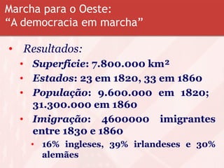 Marcha para o Oeste:
“A democracia em marcha”
• Resultados:
• Superfície: 7.800.000 km²
• Estados: 23 em 1820, 33 em 1860
• População: 9.600.000 em 1820;
31.300.000 em 1860
• Imigração: 4600000 imigrantes
entre 1830 e 1860
• 16% ingleses, 39% irlandeses e 30%
alemães
 